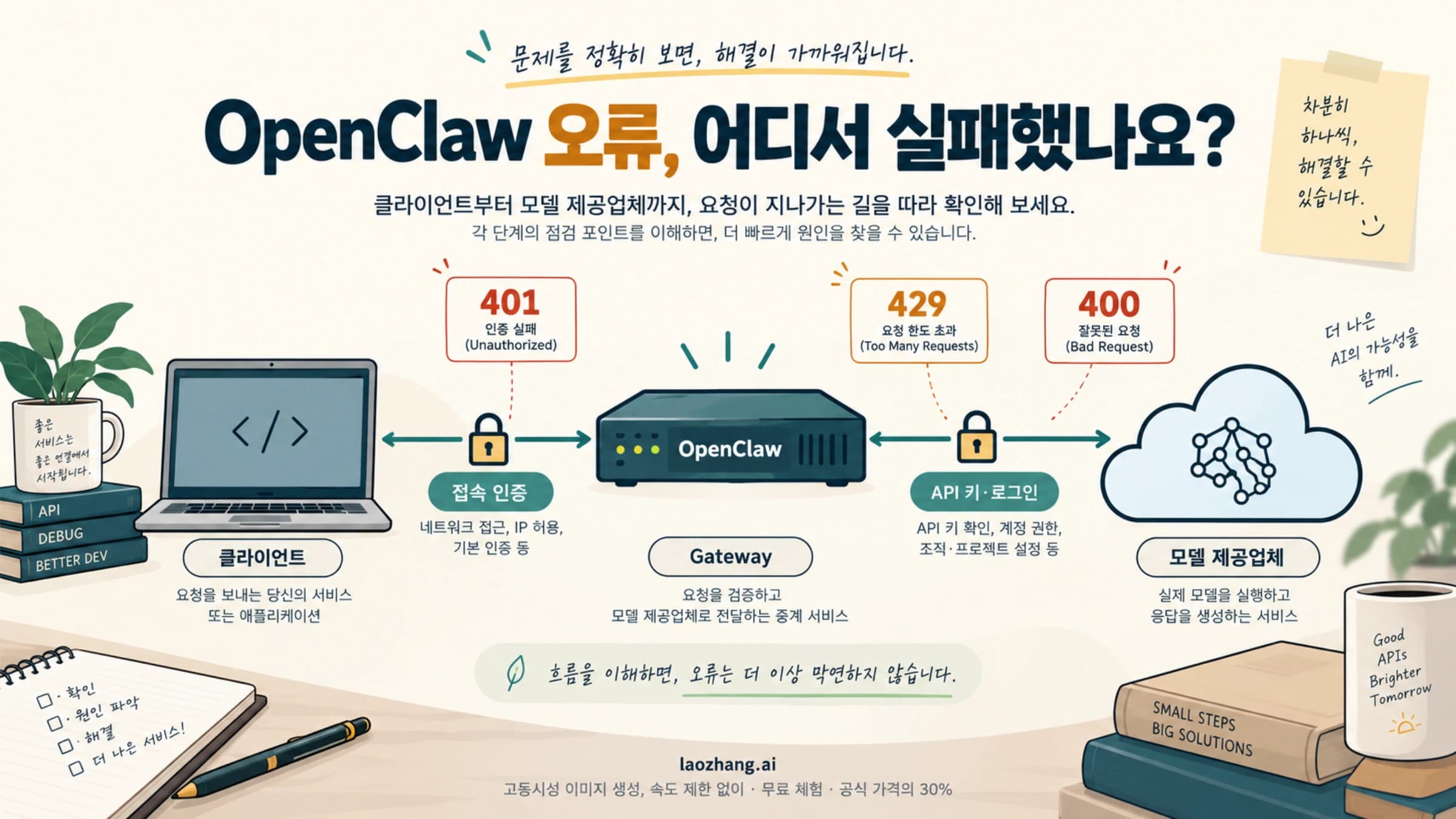 OpenClaw 오류를 클라이언트, Gateway, 모델 제공업체의 연결별로 구분하는 개념 그림