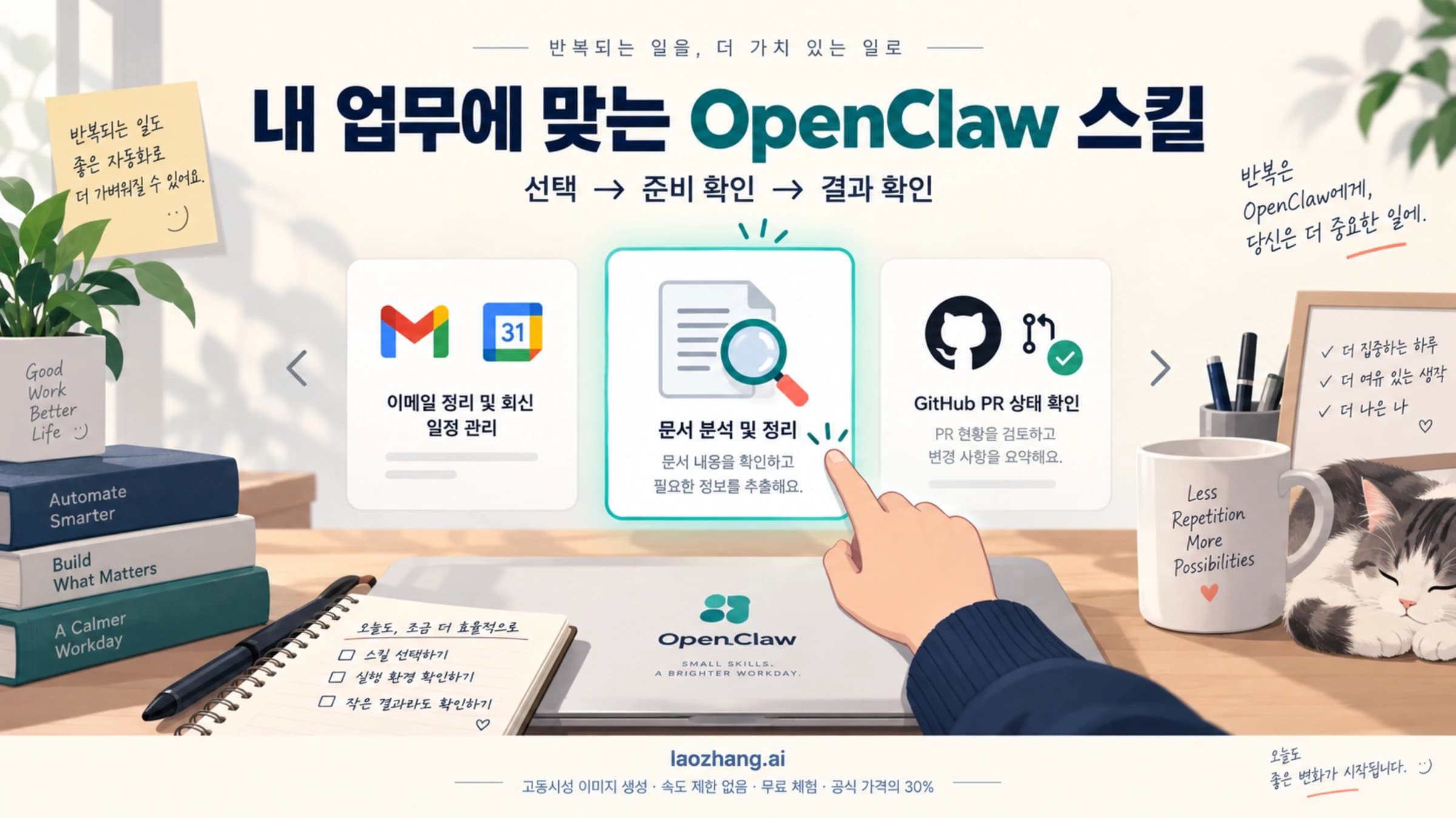 반복하는 문서·메일·저장소 업무에 맞는 OpenClaw 스킬을 선택하고 준비 상태와 결과를 확인하는 개념 그림
