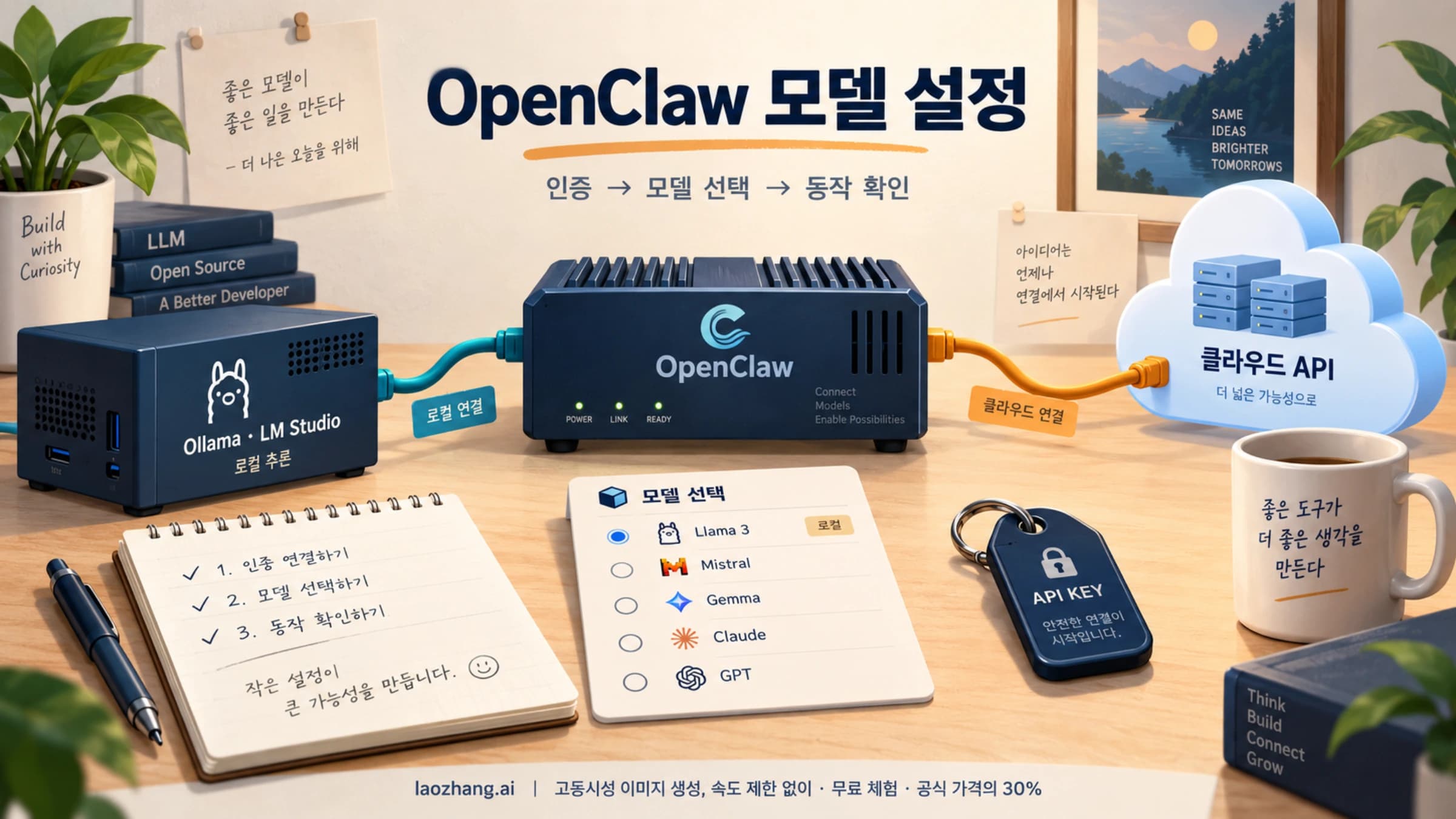 OpenClaw에서 클라우드 모델과 로컬 모델을 연결해 선택하는 개념 그림