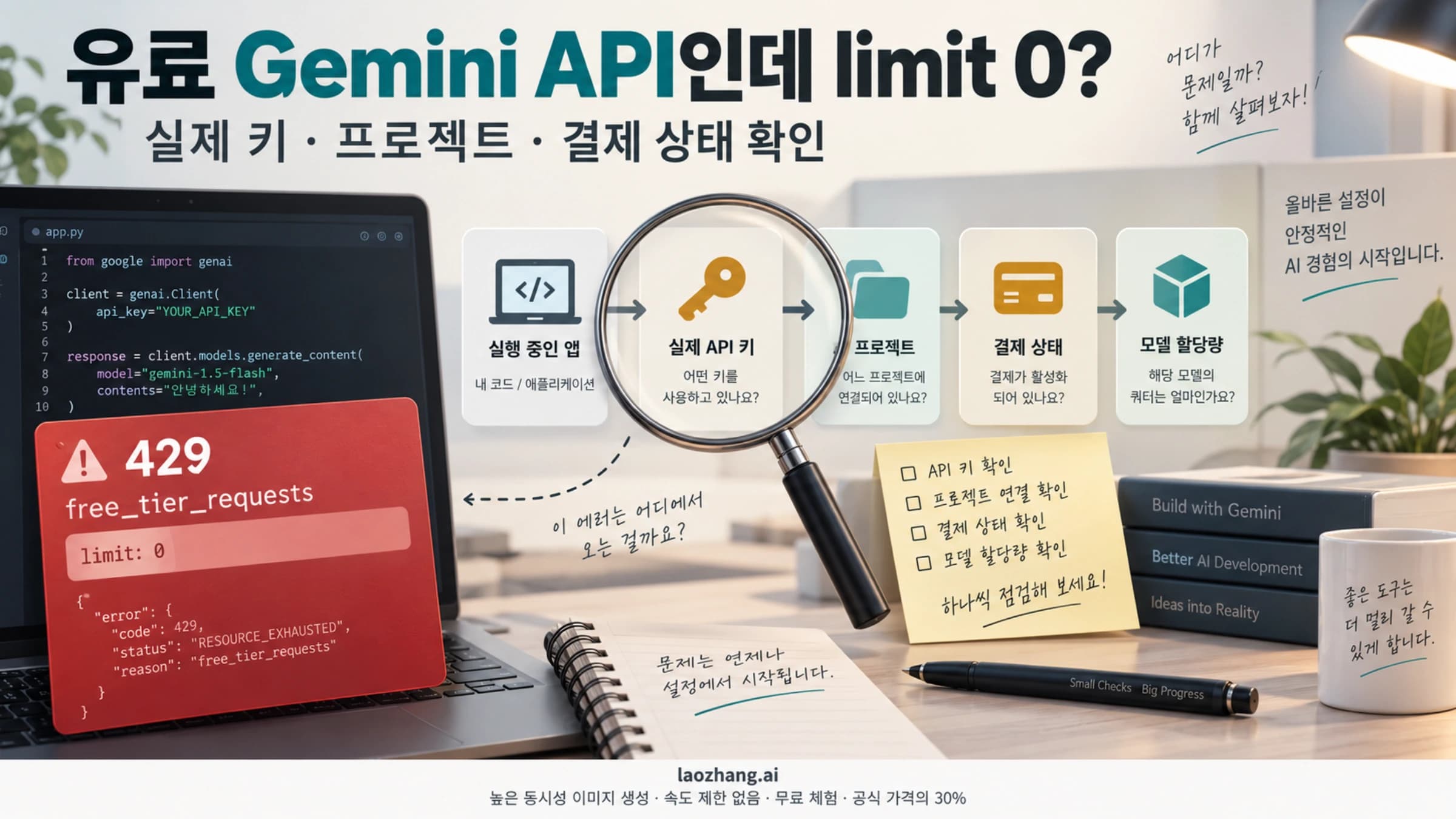 유료 Gemini API의 무료 한도 0 오류와 실제 키, 프로젝트, 결제 상태, 모델 할당량을 연결해 확인하는 그림
