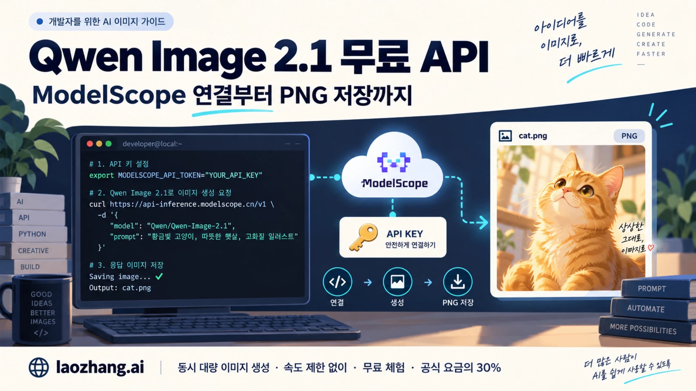 ModelScope를 통해 Qwen Image 2.1 API를 연결하고 이미지를 저장하는 과정을 그린 개념도