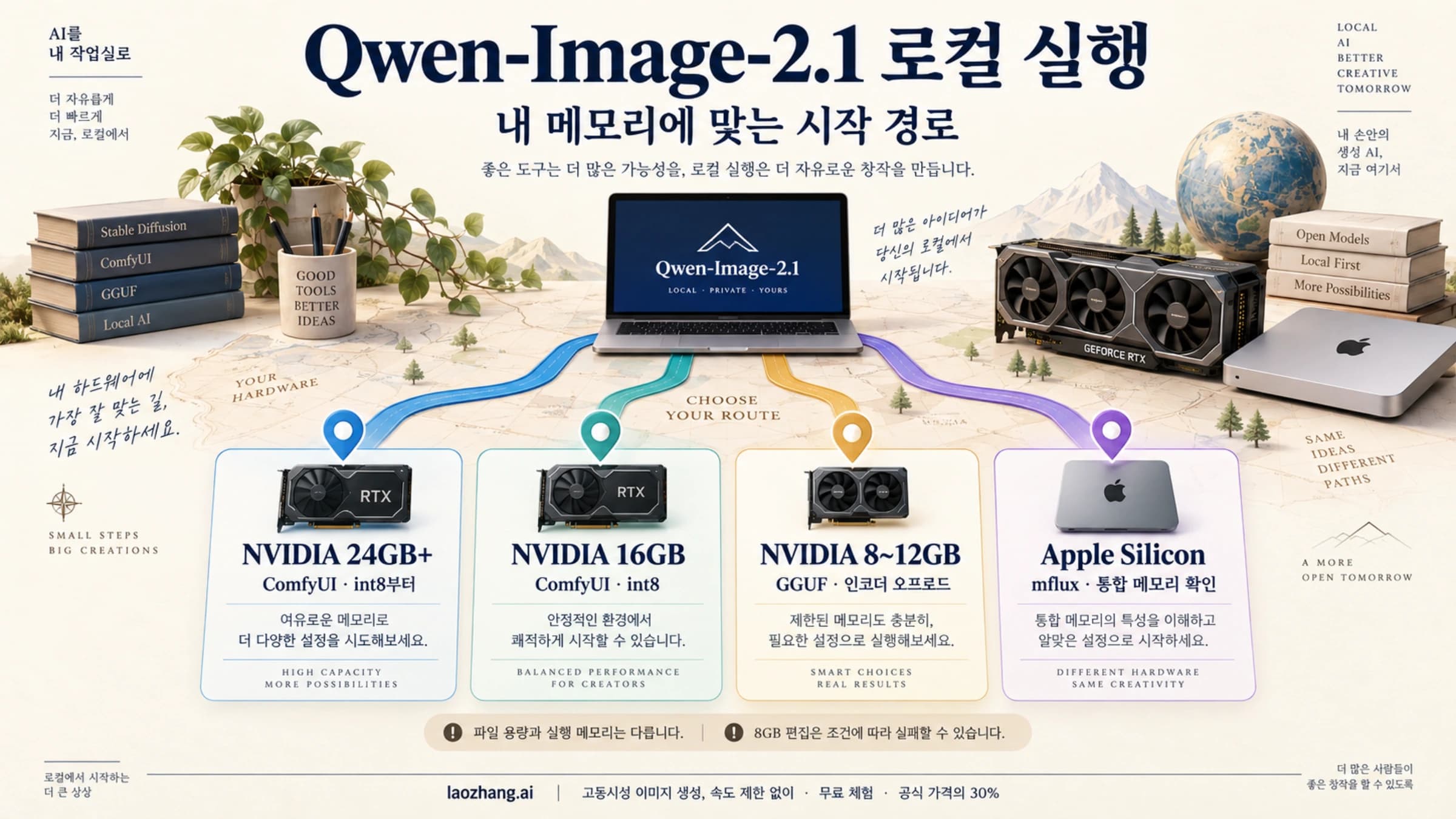 Qwen-Image-2.1 로컬 실행 경로를 GPU 메모리 크기별로 나눈 안내도