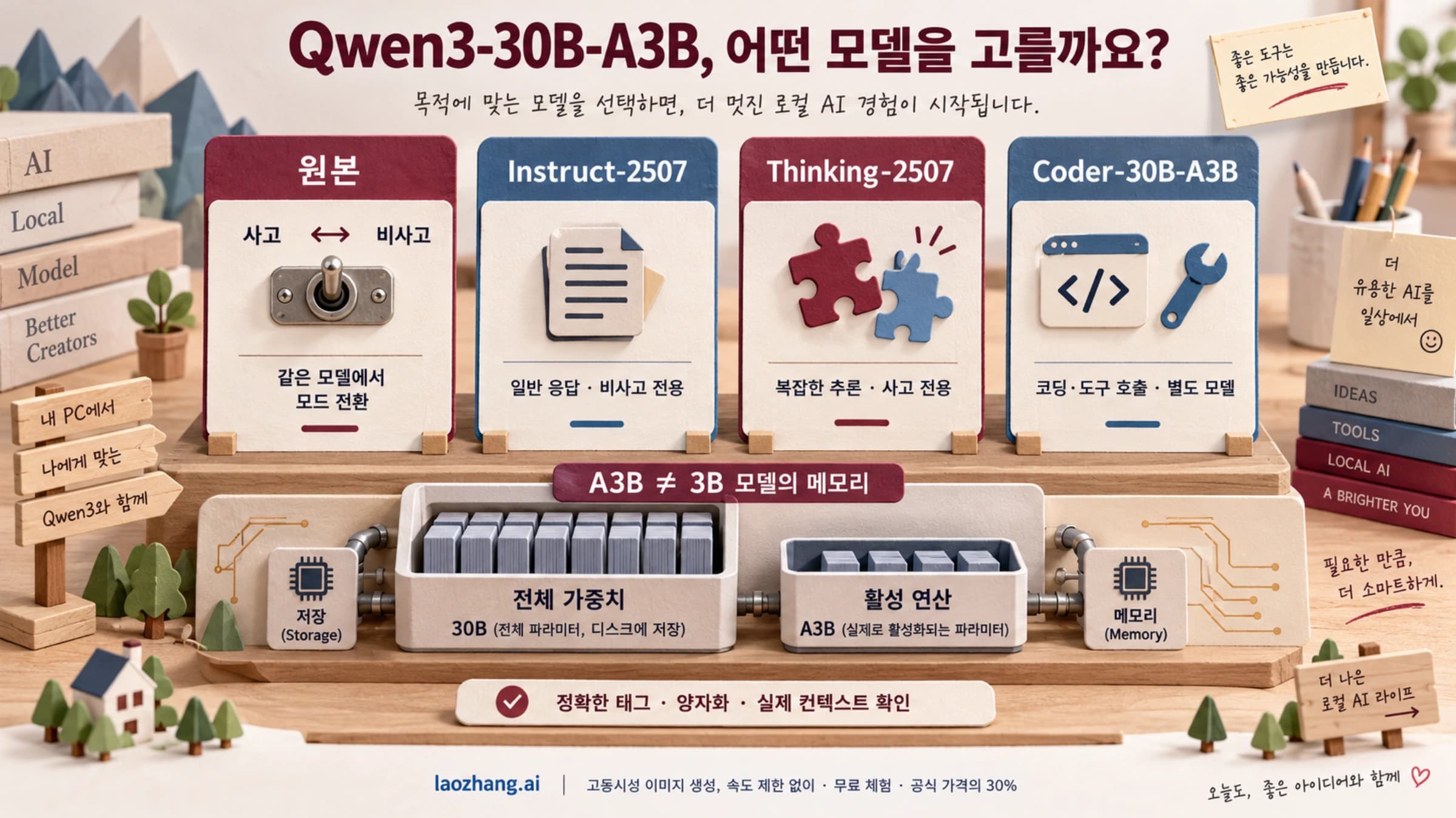 Qwen3-30B-A3B 원본의 모드 전환과 Instruct-2507, Thinking-2507, Coder의 작업별 선택을 구분한 그림