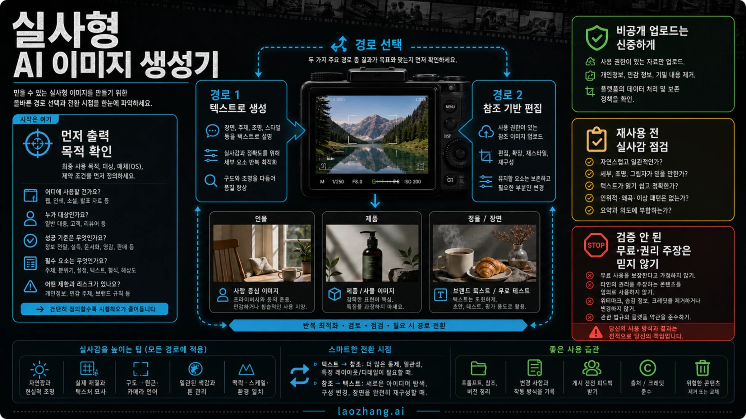 실사형 AI 이미지 생성 루트, 개인정보, 현실감 QA, 중단 규칙을 담은 정보 보드