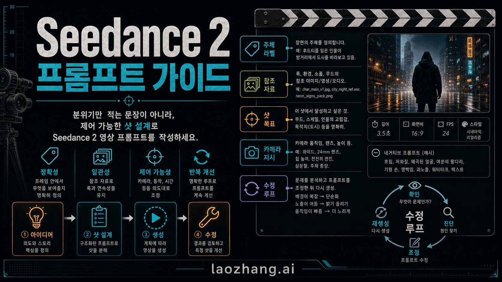 Seedance 2 프롬프트 가이드 한국어 표지. 주체 라벨, 참조 자료, 샷 목표, 수정 루프를 보여준다