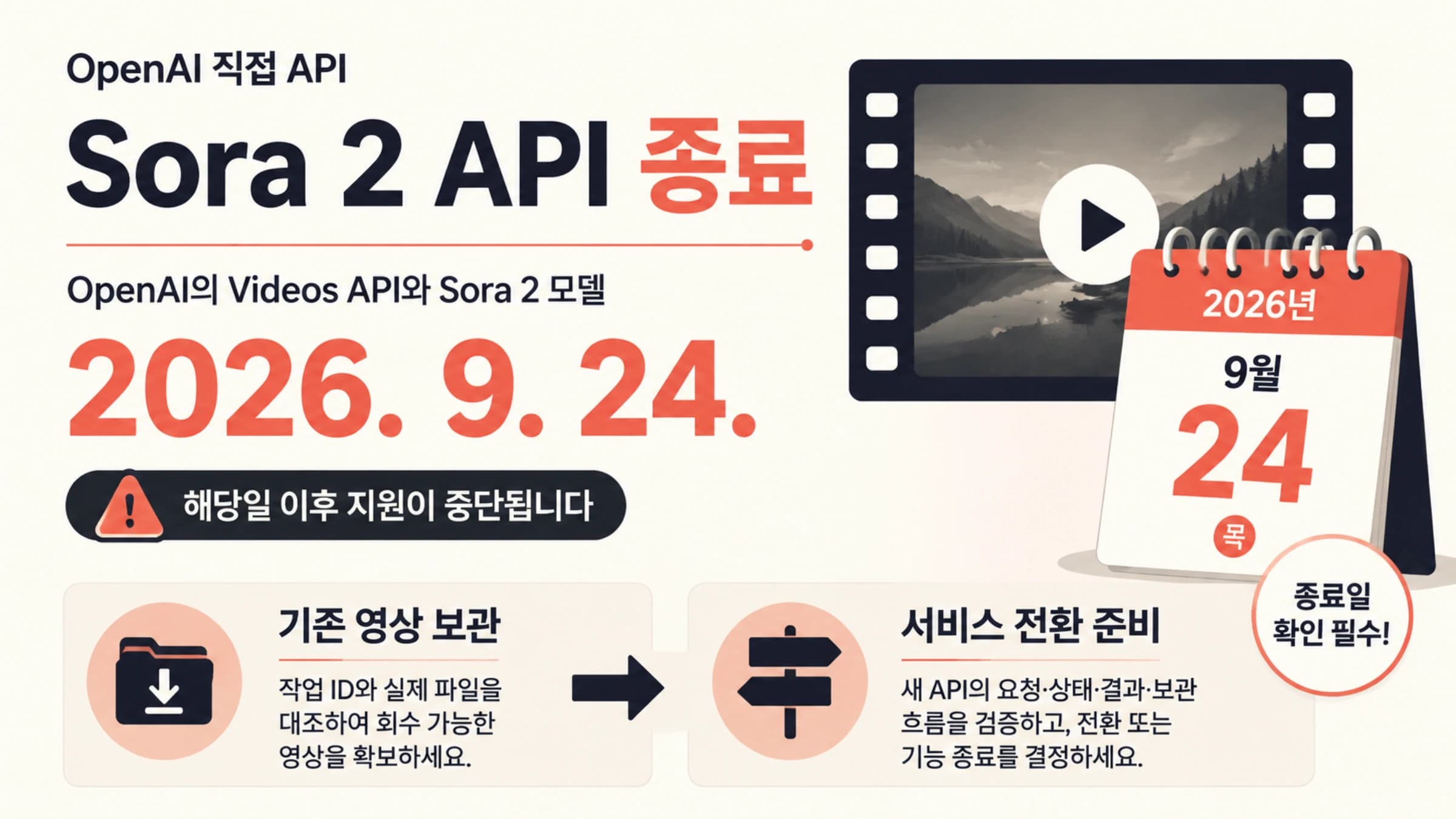 OpenAI 직접 Sora 2 API의 2026년 9월 24일 종료일과 기존 영상 보관 및 서비스 전환 준비 안내