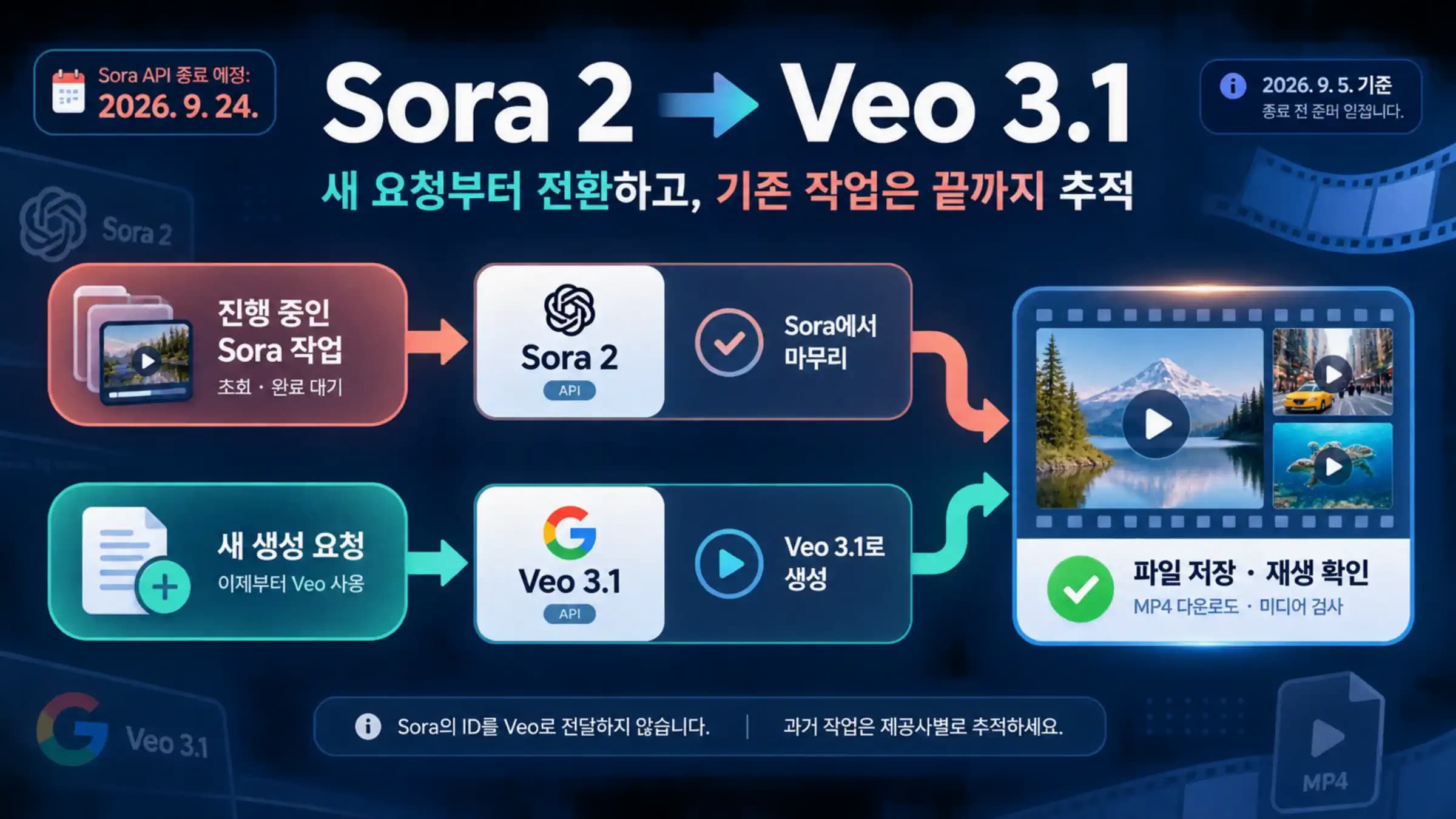 기존 Sora 작업과 새 Veo 요청을 나눠 처리하고 파일 저장과 재생 확인으로 마무리하는 API 전환 흐름