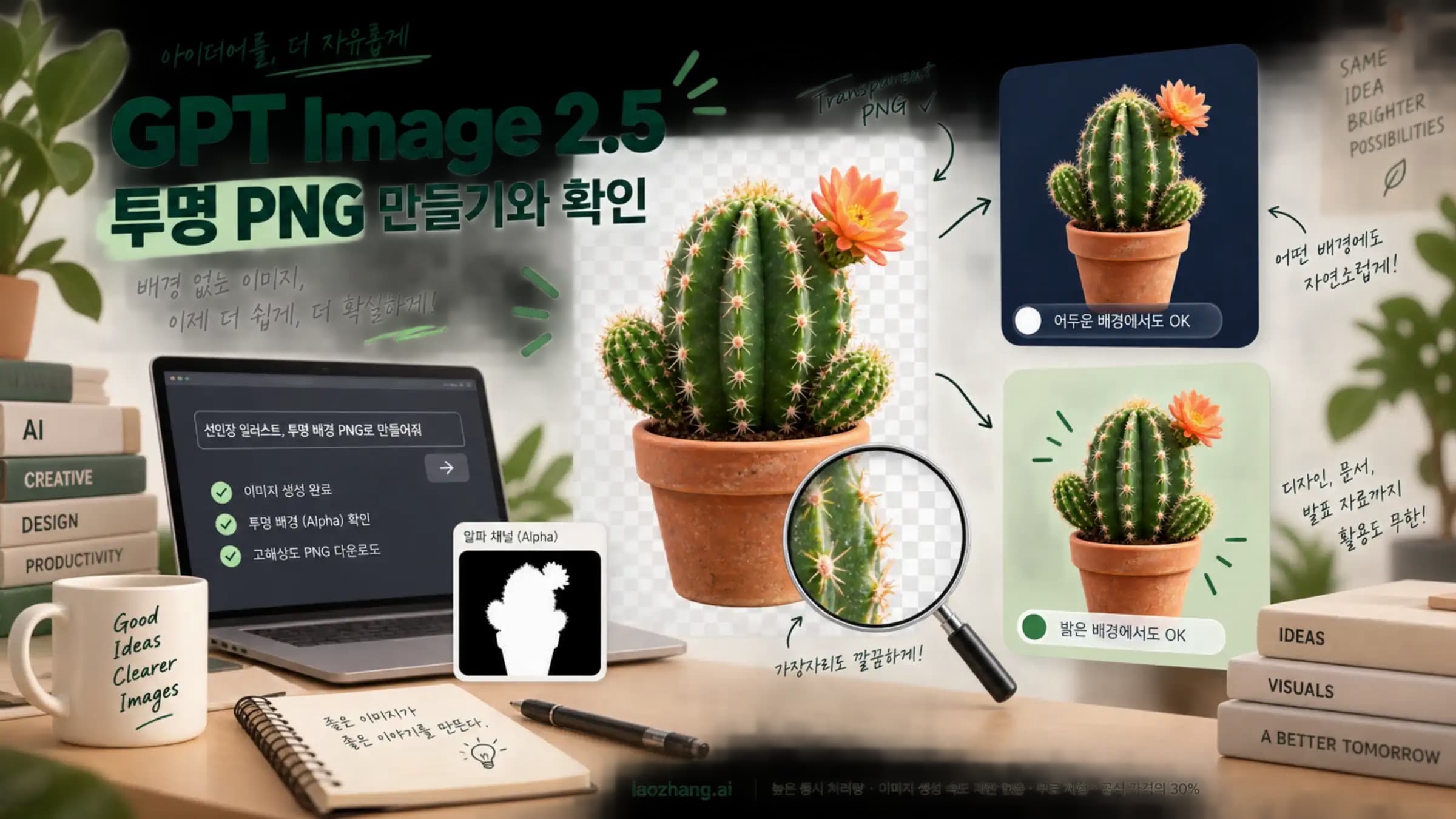 선인장 소재를 여러 배경에 배치하고 알파 채널과 가장자리를 확인하는 투명 PNG 제작 설명도