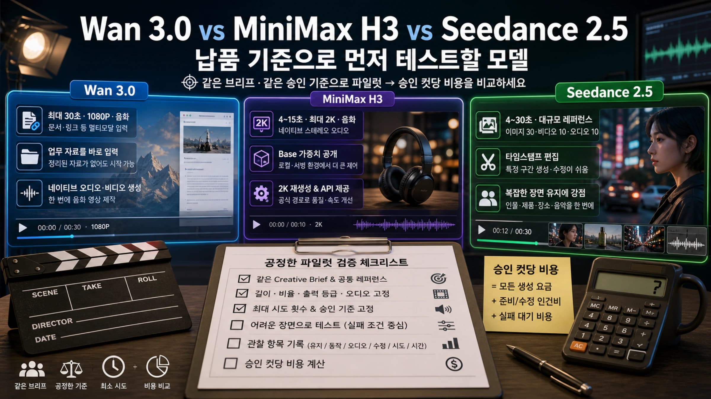 Wan 3.0, MiniMax H3, Seedance 2.5를 납품 조건으로 선택하는 비교 표지