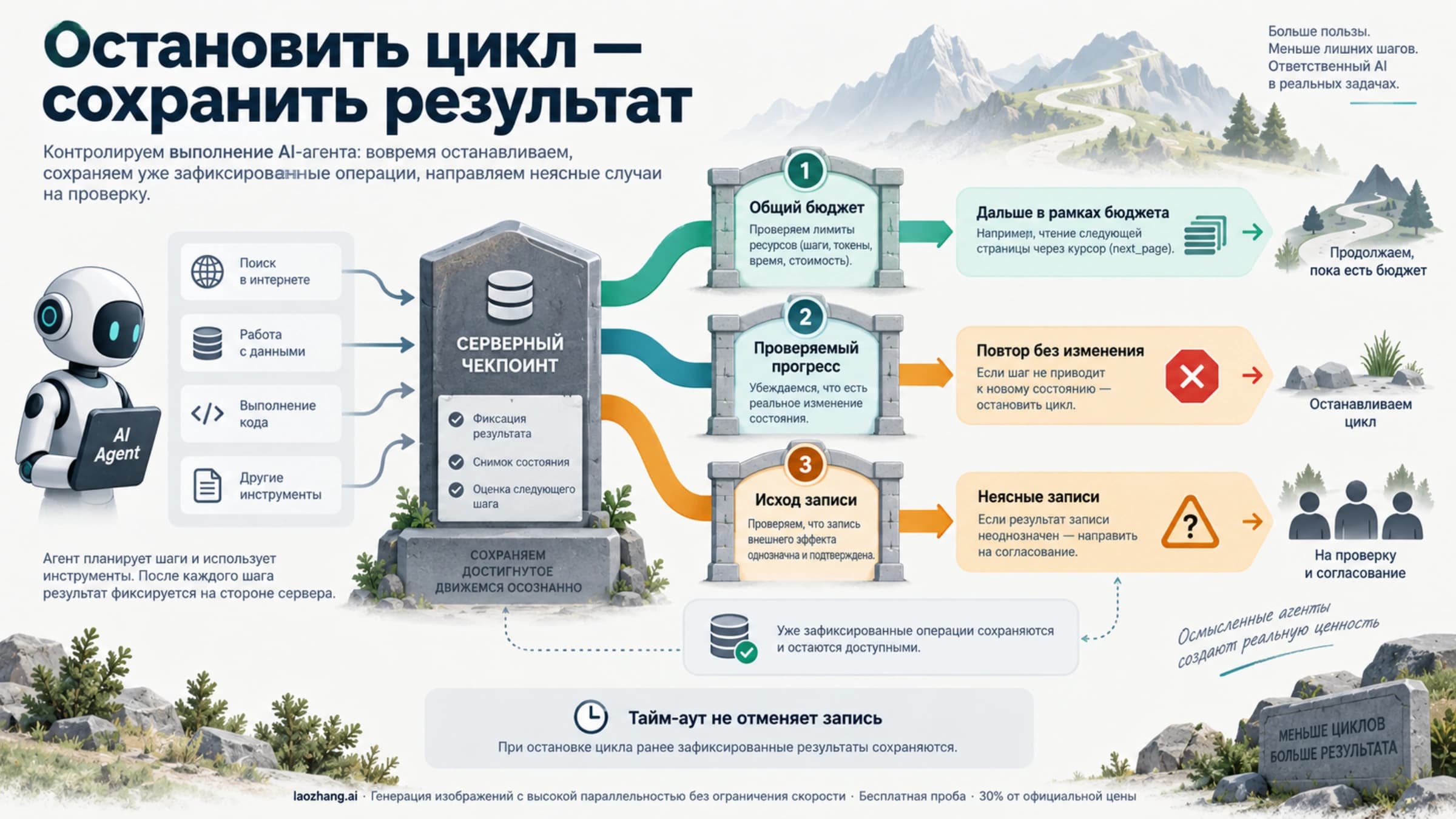 Общий бюджет, проверяемый прогресс и сверка неизвестной записи перед следующим действием агента
