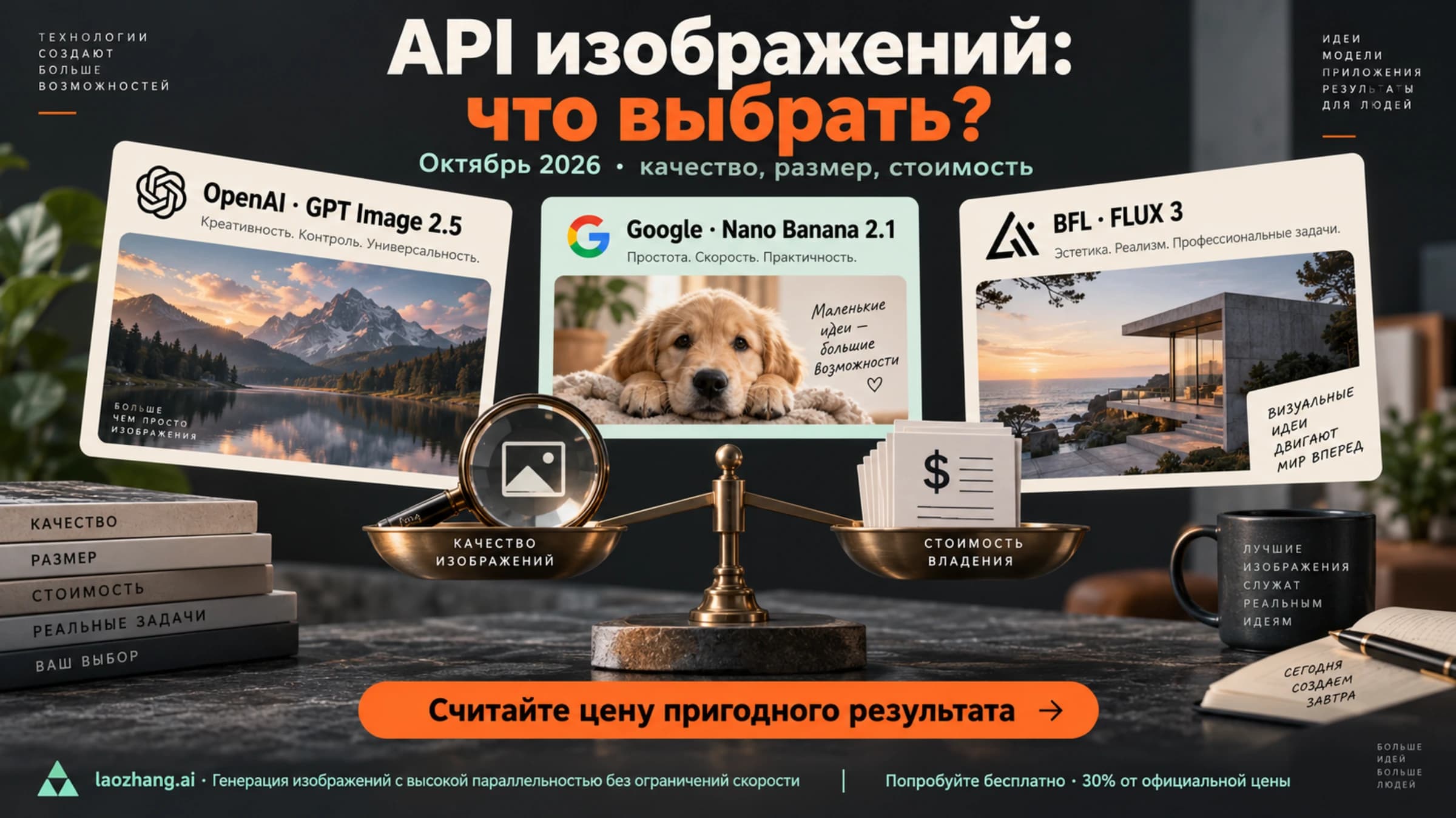 Сравнение API изображений в октябре 2026: текущие семейства OpenAI, Google и BFL, выбор качества и размера и стоимость пригодного результата