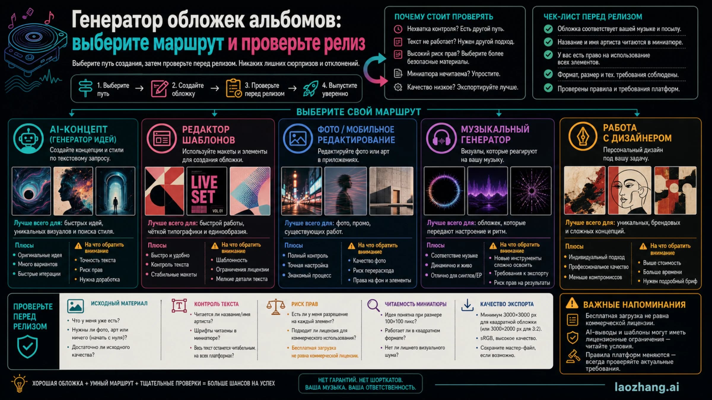 Схема выбора маршрута для обложки альбома: ИИ, шаблон, фото, музыкальный инструмент или дизайнер