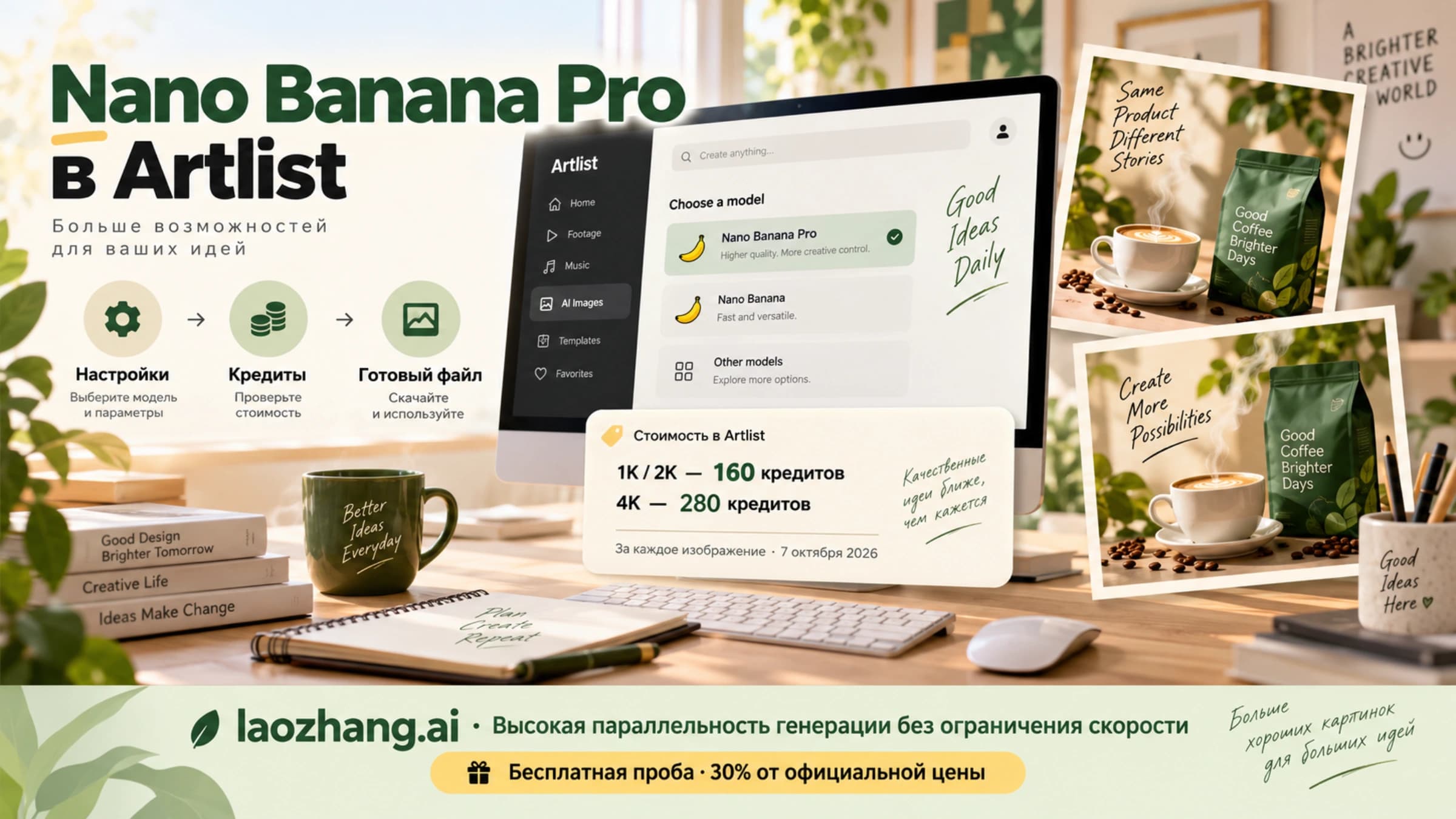 Nano Banana Pro в Artlist: выбор настроек, проверка кредитов и сохранение готового изображения