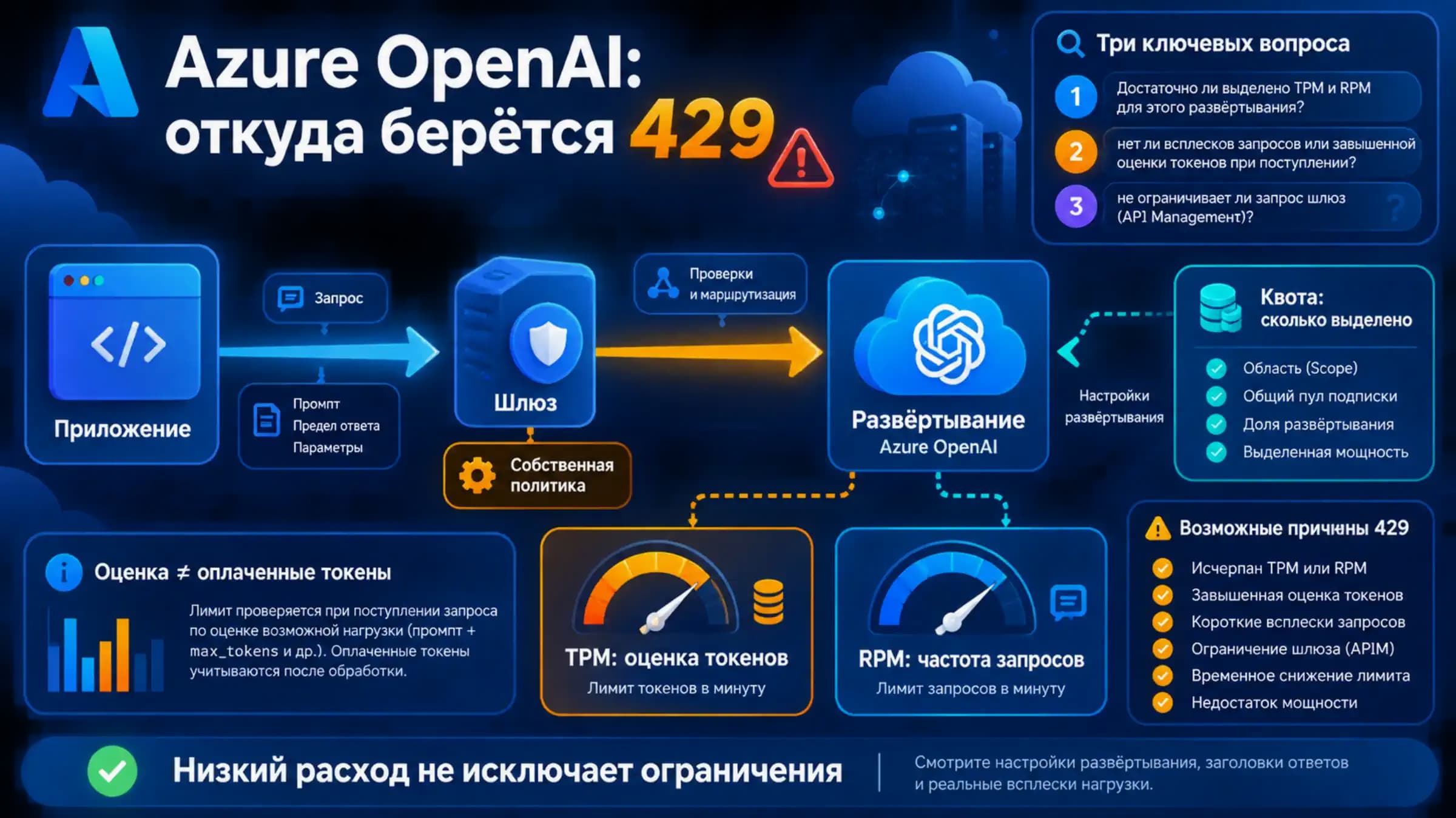 Схема диагностики 429: приложение, шлюз и развёртывание Azure OpenAI с отдельными ограничениями TPM, RPM и выделенной квотой