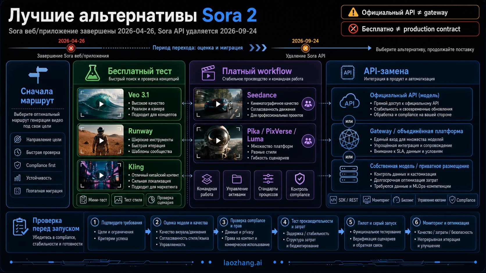 Карта альтернатив Sora 2 с датами окончания веб-продукта и API, бесплатными пробами, платными платформами, API-маршрутами и правилами проверки