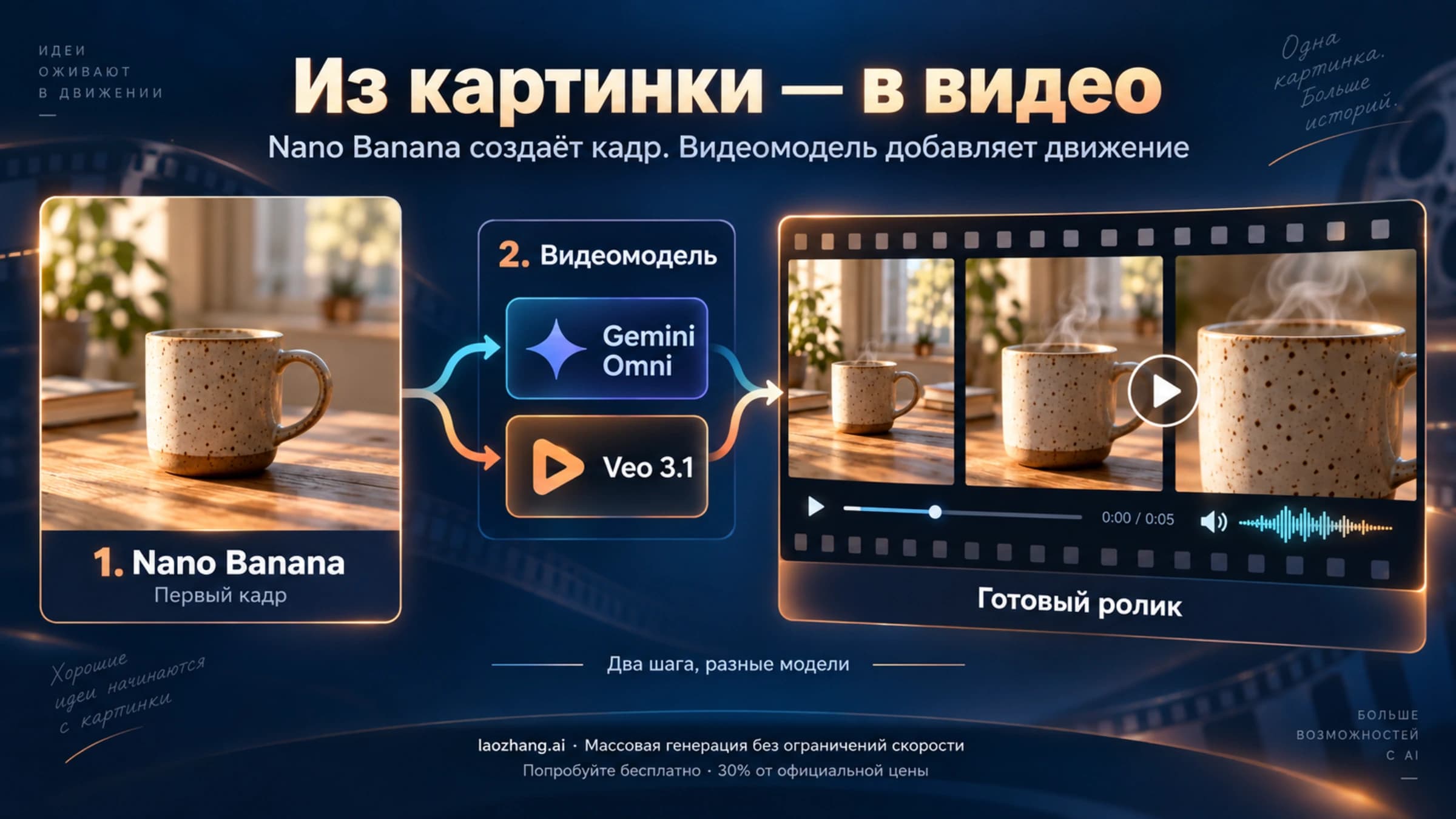 Схема: Nano Banana делает первый кадр, Gemini Omni или Veo 3.1 превращают его в видео
