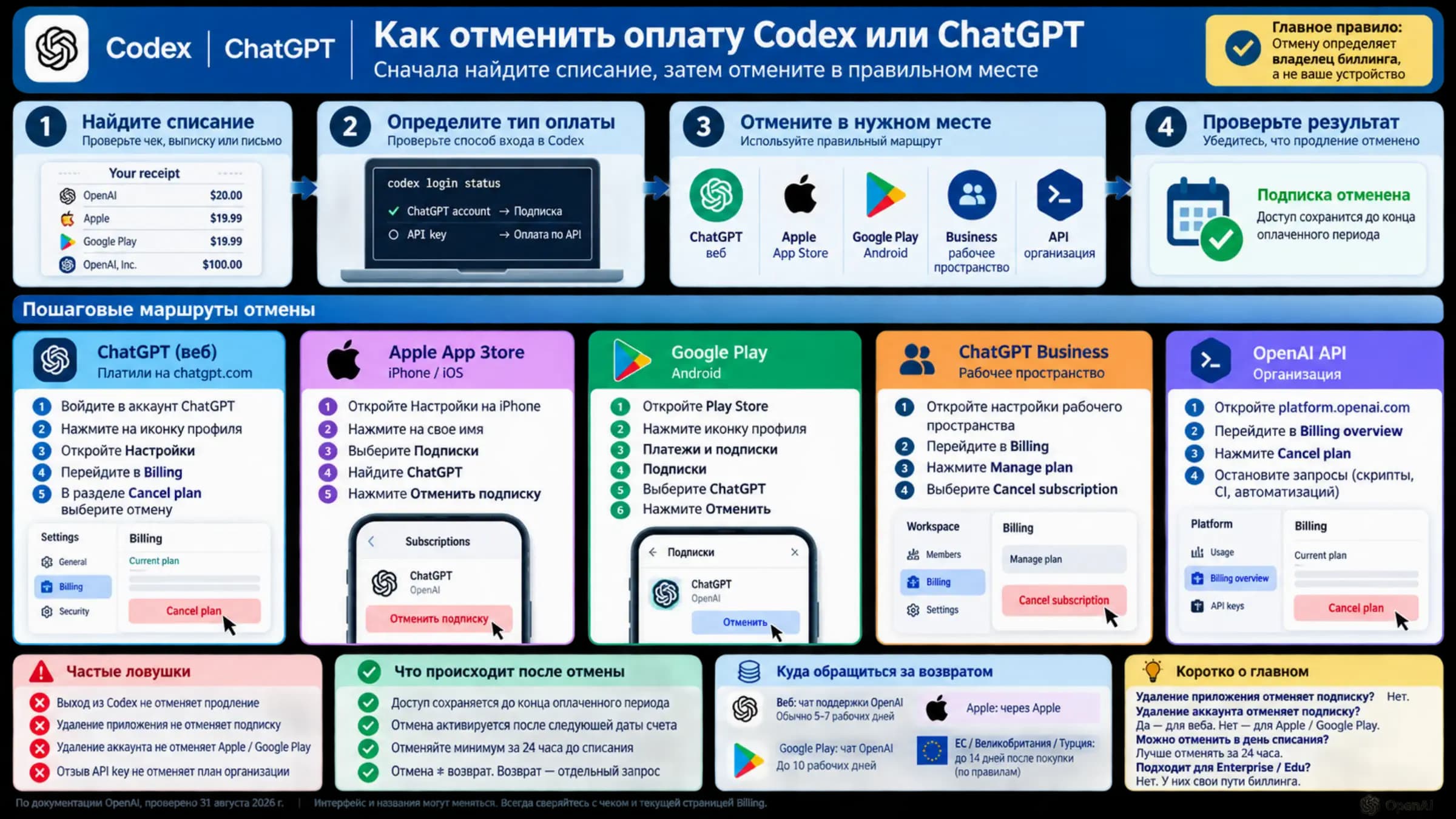 Маршруты отмены разных источников оплаты Codex и ChatGPT