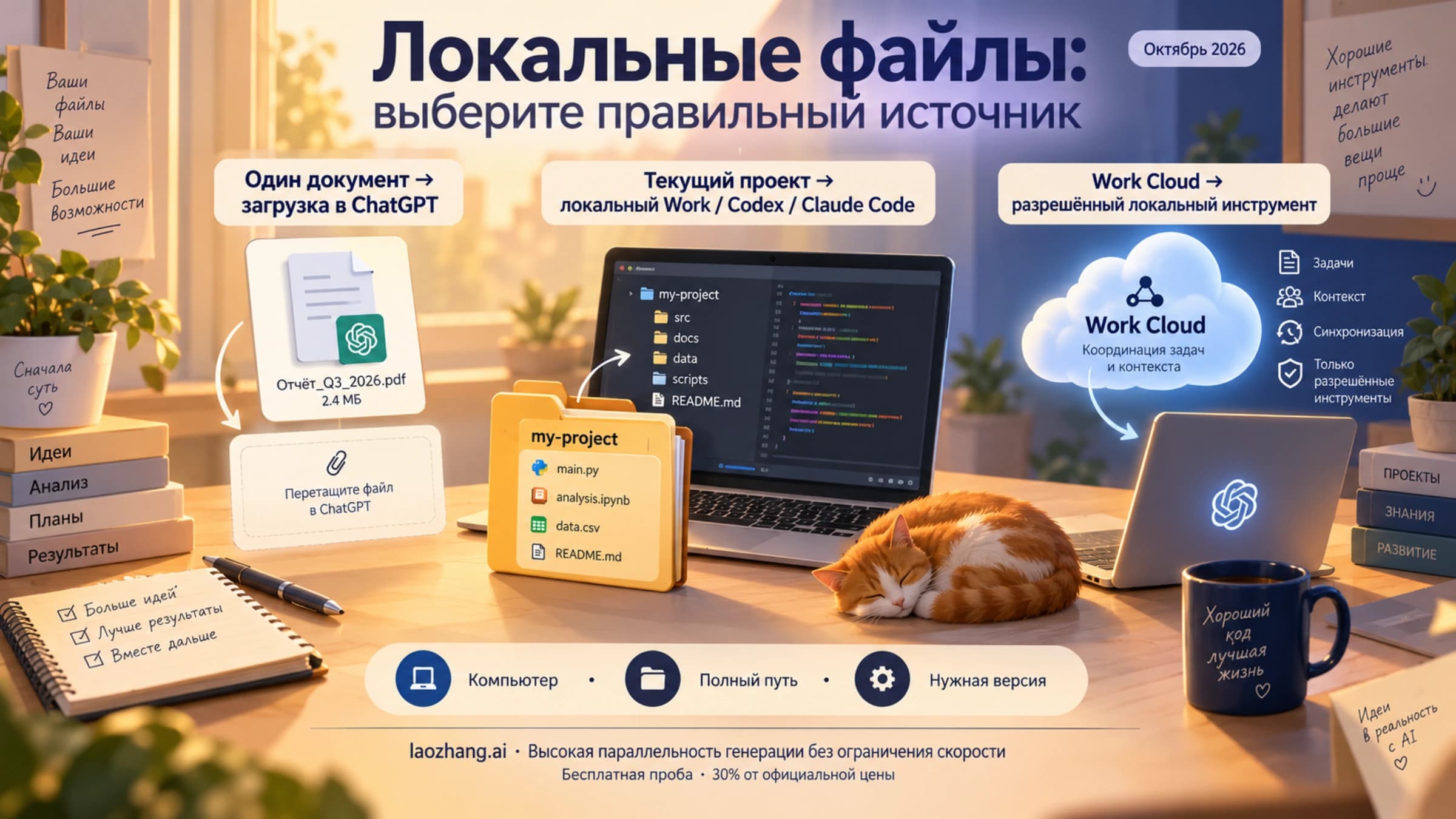 Вложение документа, локальная задача и Work Cloud с разрешённым доступом к подключённому компьютеру
