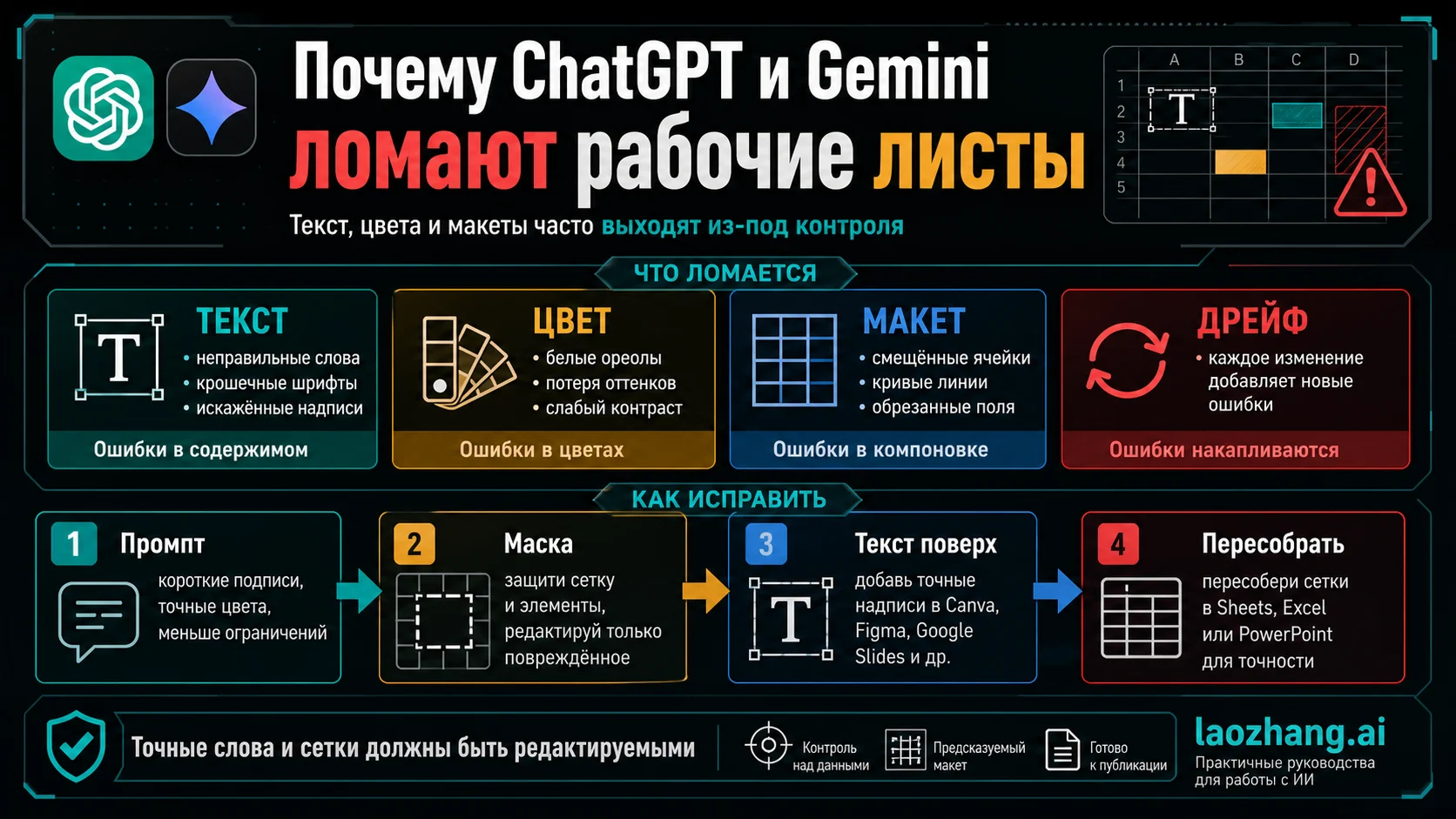 Почему генерация изображений ChatGPT и Gemini ломает текст, цвета и макеты рабочих таблиц.