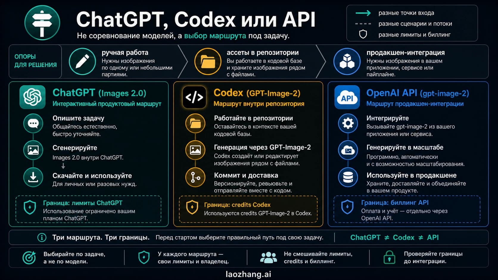 Сравнительная схема трех маршрутов GPT Image 2: ChatGPT, Codex и OpenAI API