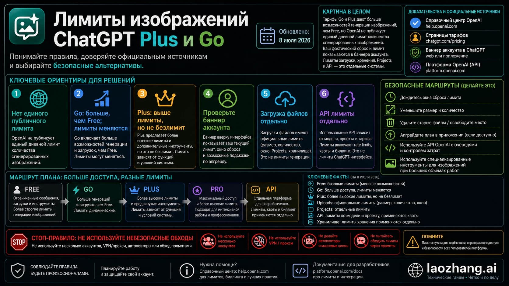 Техническая доска о лимитах изображений ChatGPT Plus и Go, официальных загрузках, баннерах аккаунта, API и безопасных альтернативах