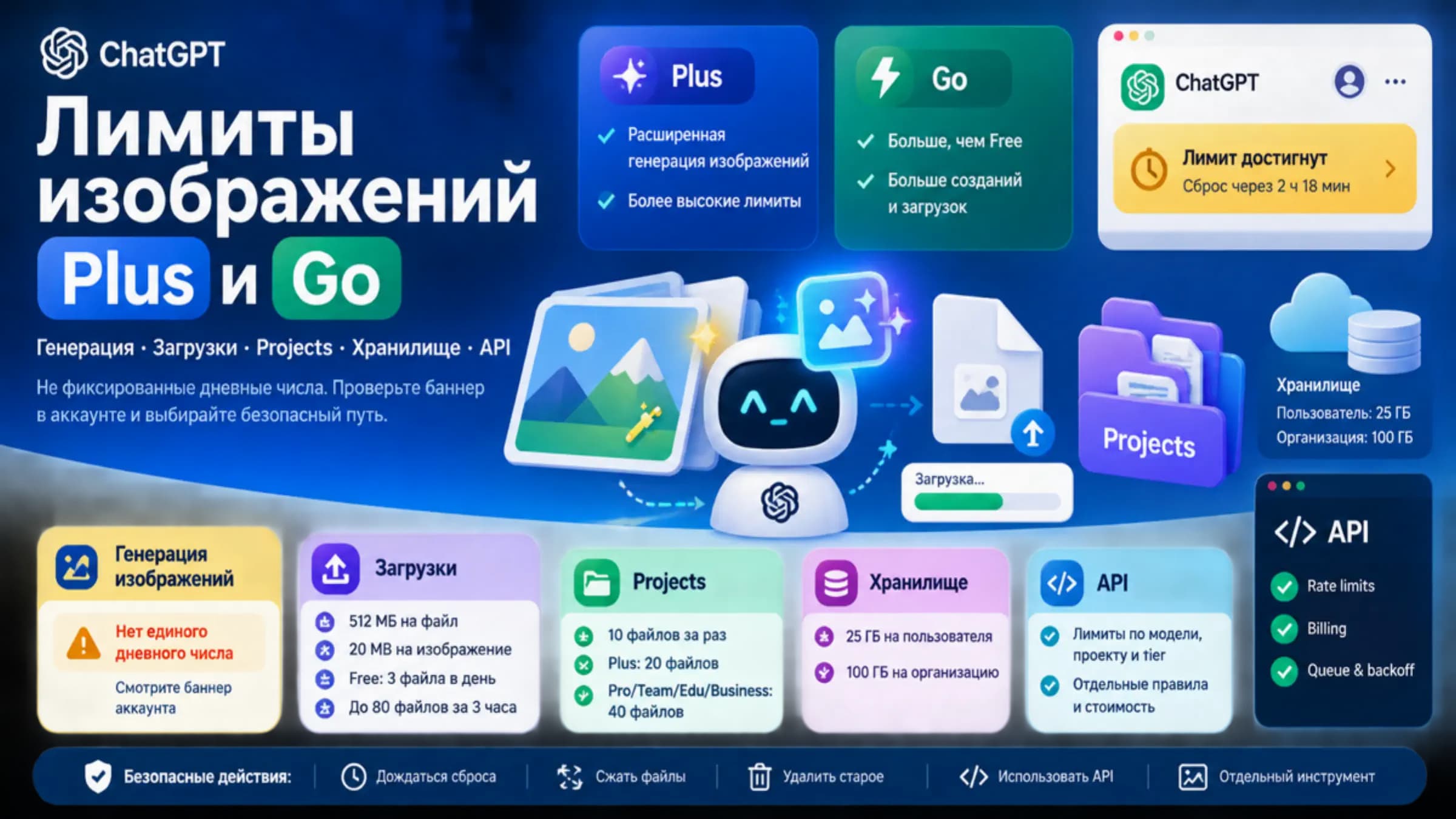 Техническая доска о лимитах изображений ChatGPT Plus и Go, официальных загрузках, баннерах аккаунта, API и безопасных альтернативах