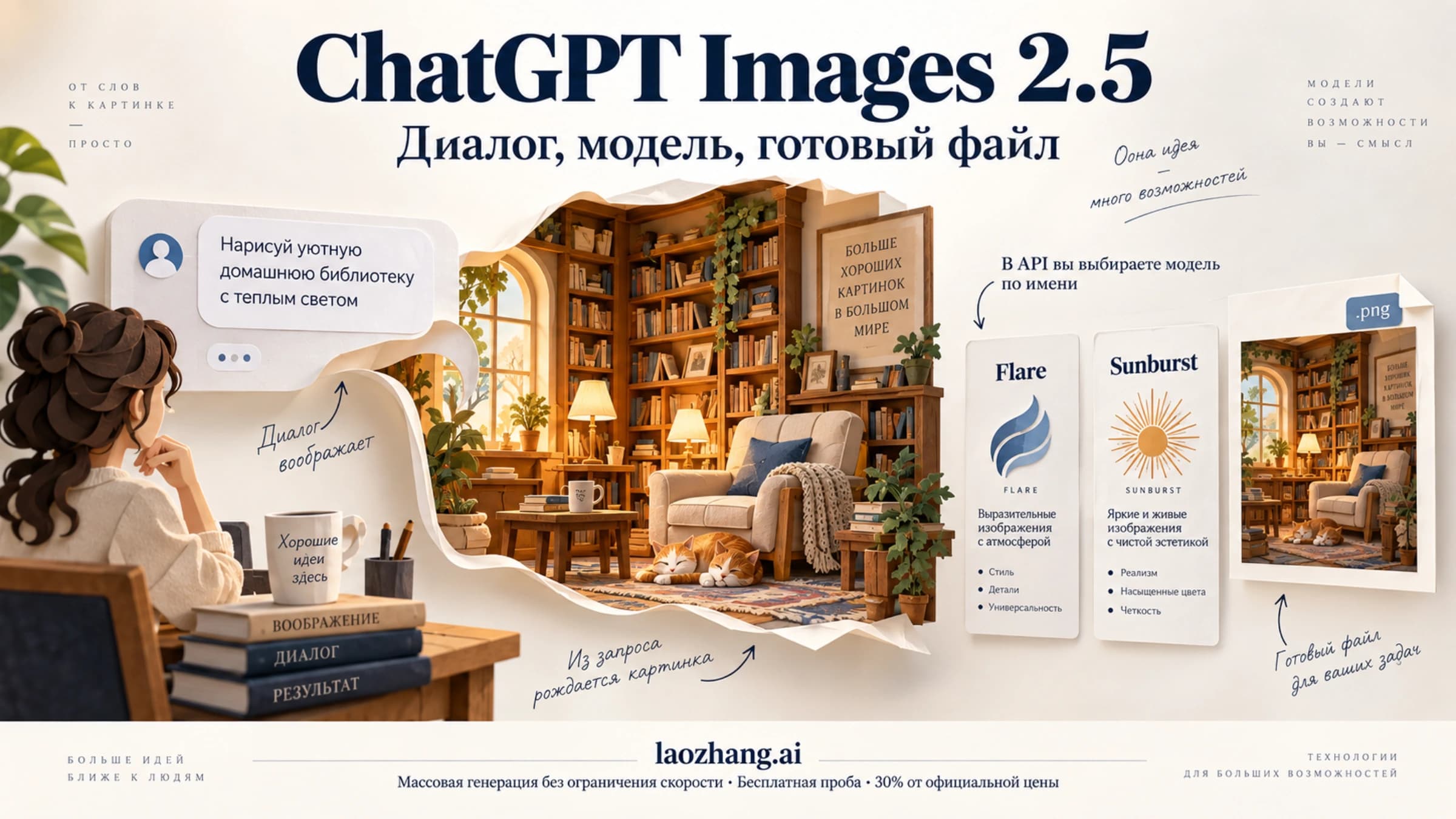 Иллюстрация ChatGPT Images 2.5: создание картинки в диалоге, выбор модели в API и готовый файл