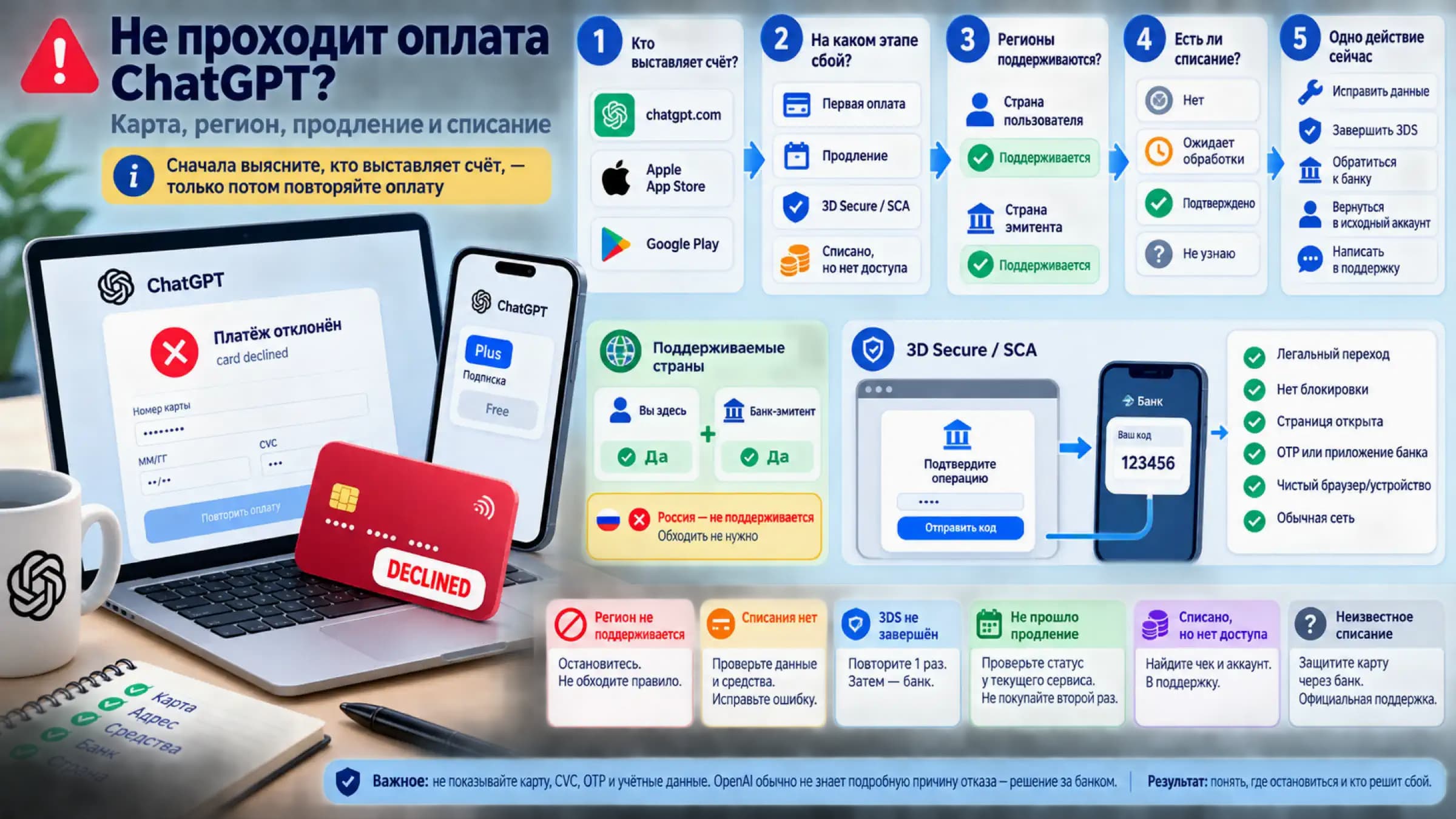 Пять проверок отклонённой оплаты ChatGPT: кто выставляет счёт, этап сбоя, регионы пользователя и эмитента, списание и следующее действие