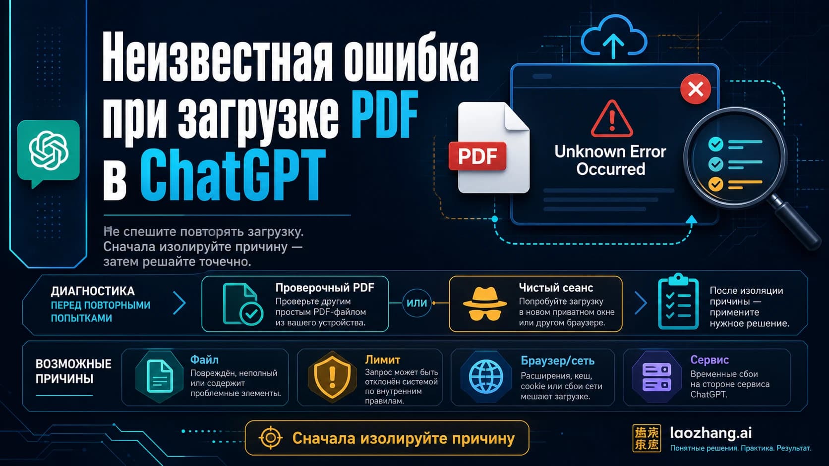 Схема диагностики неизвестной ошибки загрузки PDF в ChatGPT с проверочным файлом и чистым сеансом