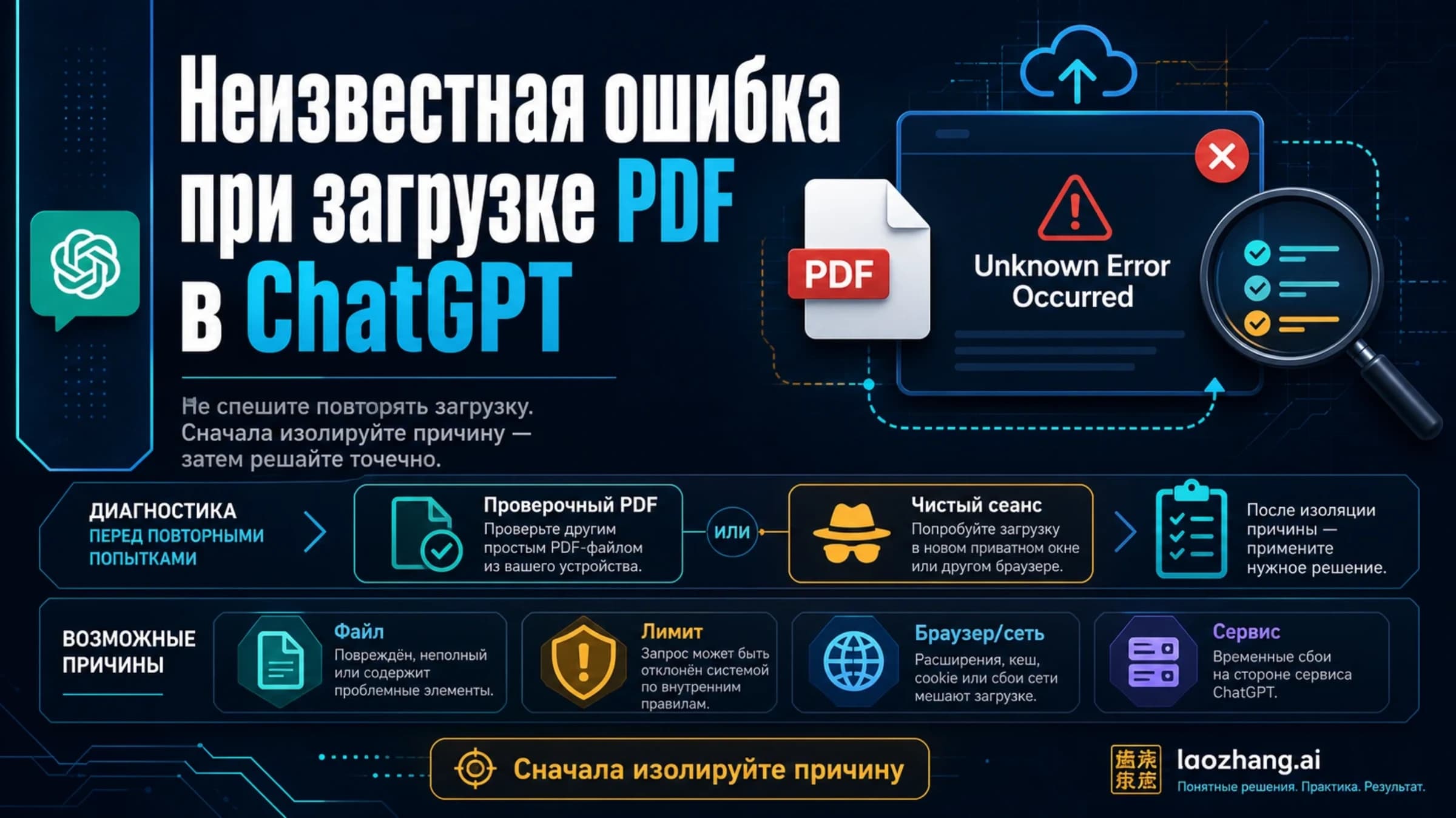 Схема диагностики неизвестной ошибки загрузки PDF в ChatGPT с проверочным файлом и чистым сеансом