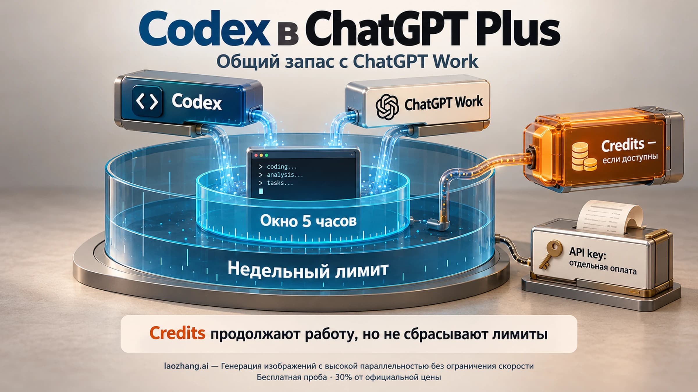 Схема лимитов ChatGPT Plus Codex с активным окном, недельным слоем, credits и отдельным API-key биллингом