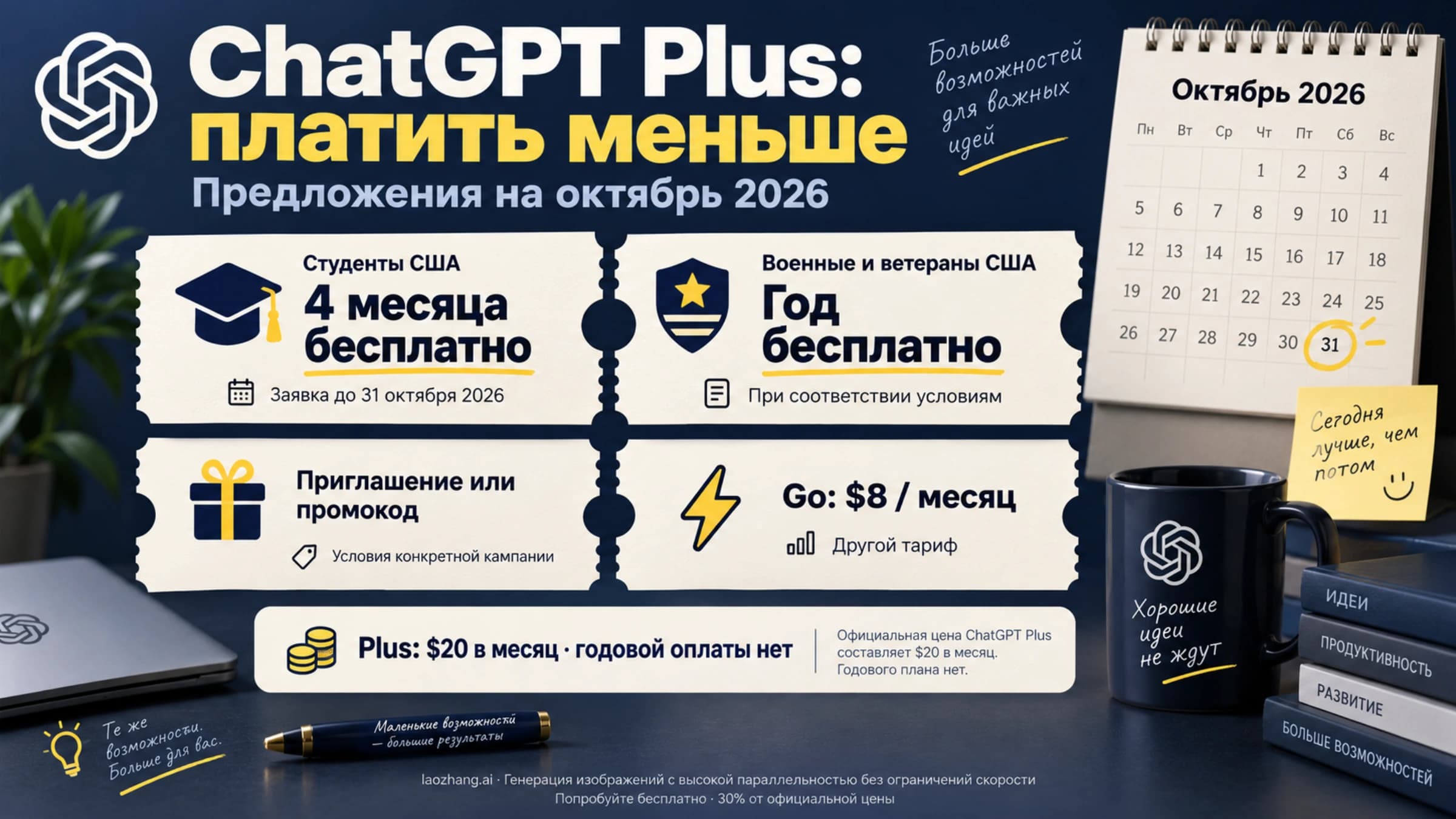 Скидки ChatGPT Plus в октябре 2026 года: студенты США могут получить четыре месяца, военные и ветераны США — год, прочие предложения зависят от приглашения или партнёра