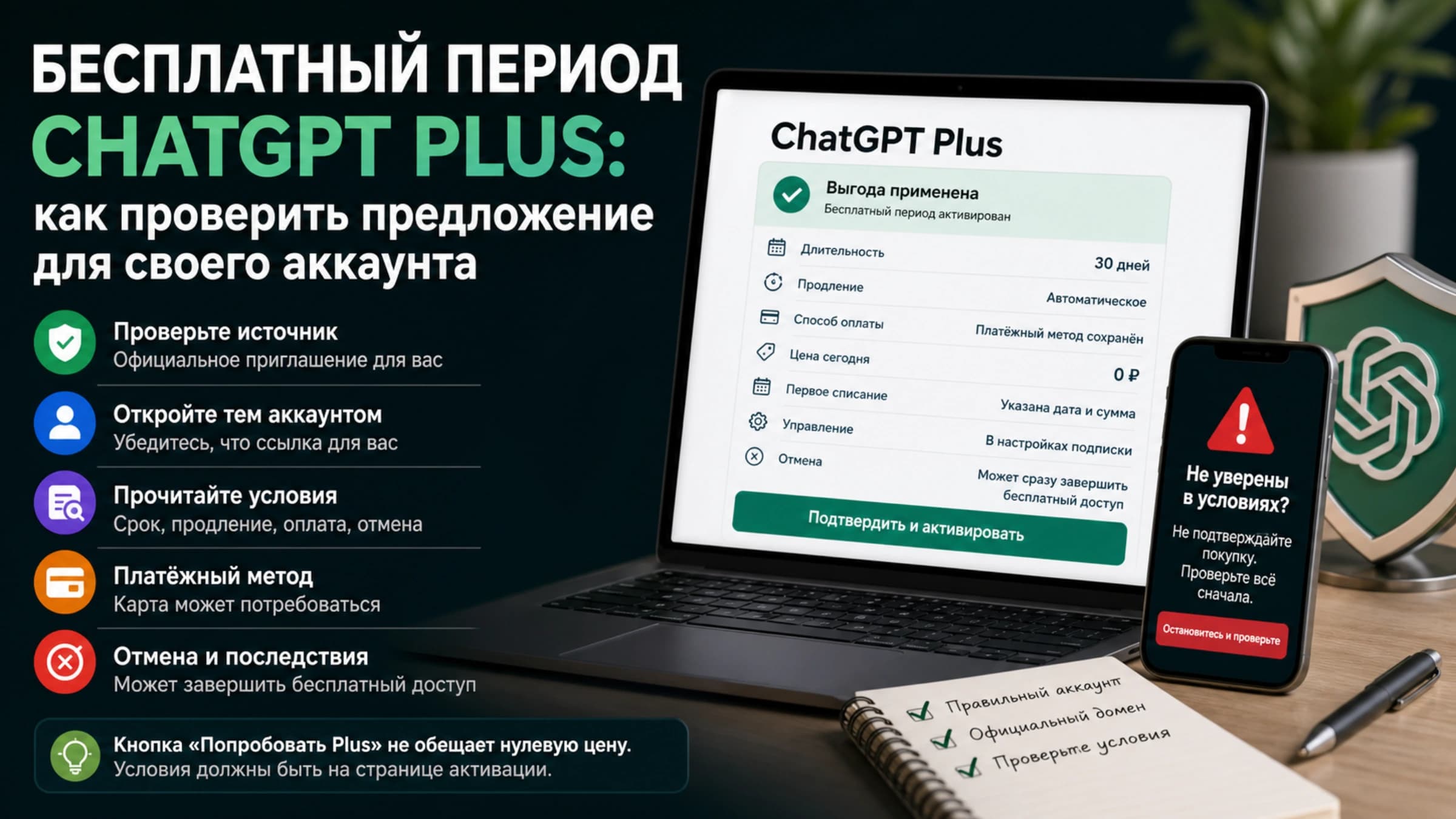 Проверка приглашения на бесплатный период ChatGPT Plus, условий активации и продления