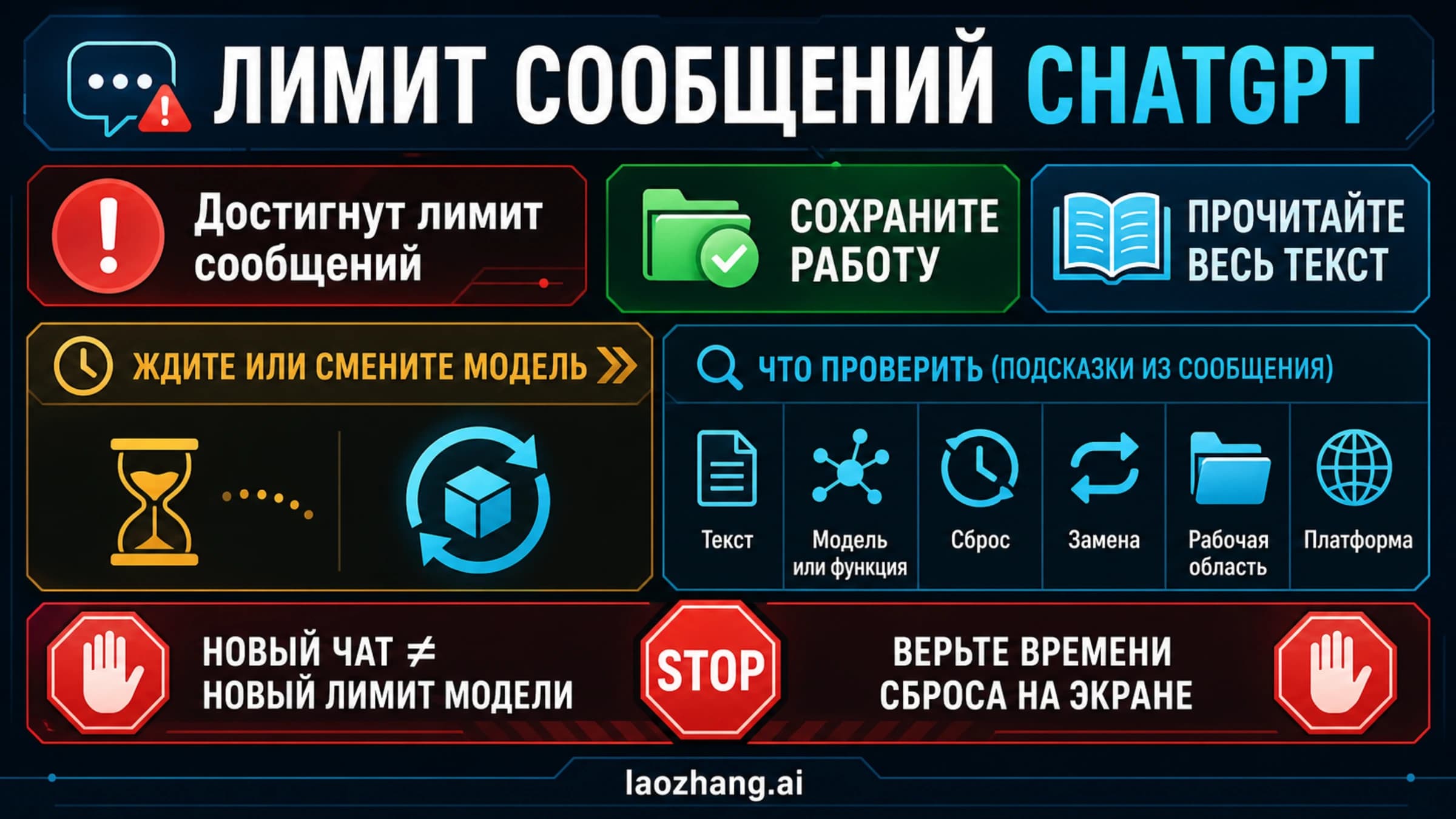 Схема восстановления после лимита сообщений ChatGPT: сохранение работы, признаки уведомления, время сброса и правило нового чата