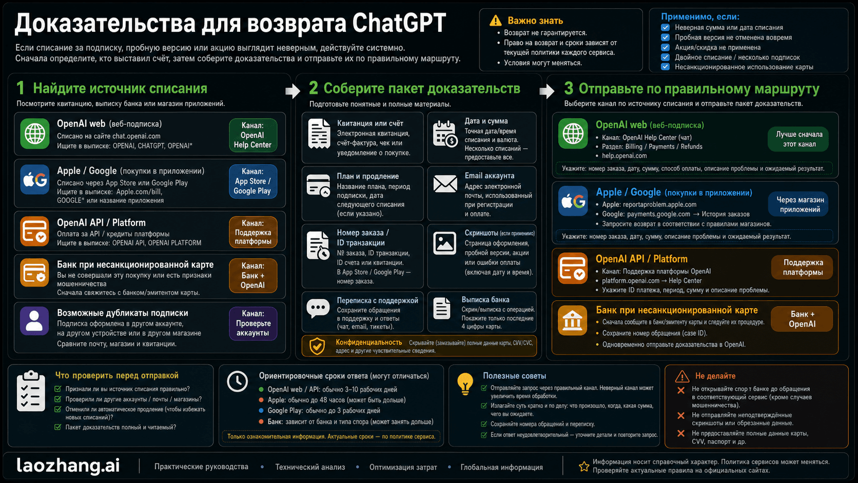 Карта доказательств для возврата за подписку ChatGPT с владельцем платежа, пакетом доказательств и правильным маршрутом.
