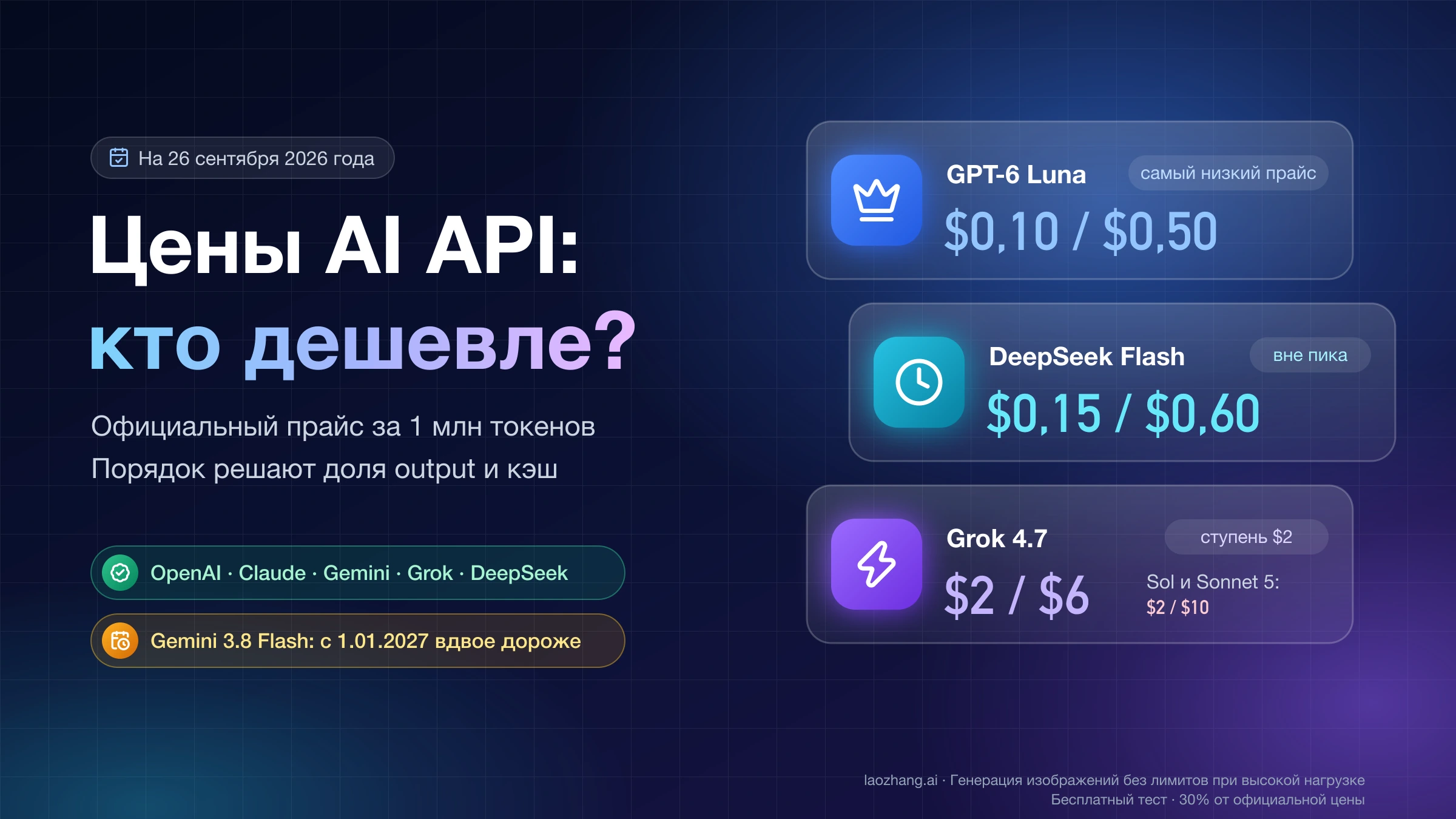 Цены AI API за 1 млн токенов: GPT-6 Luna $0,10 / $0,50, DeepSeek Flash вне пика $0,15 / $0,60, Grok 4.7 $2 / $6 против $2 / $10 у Sol и Sonnet 5