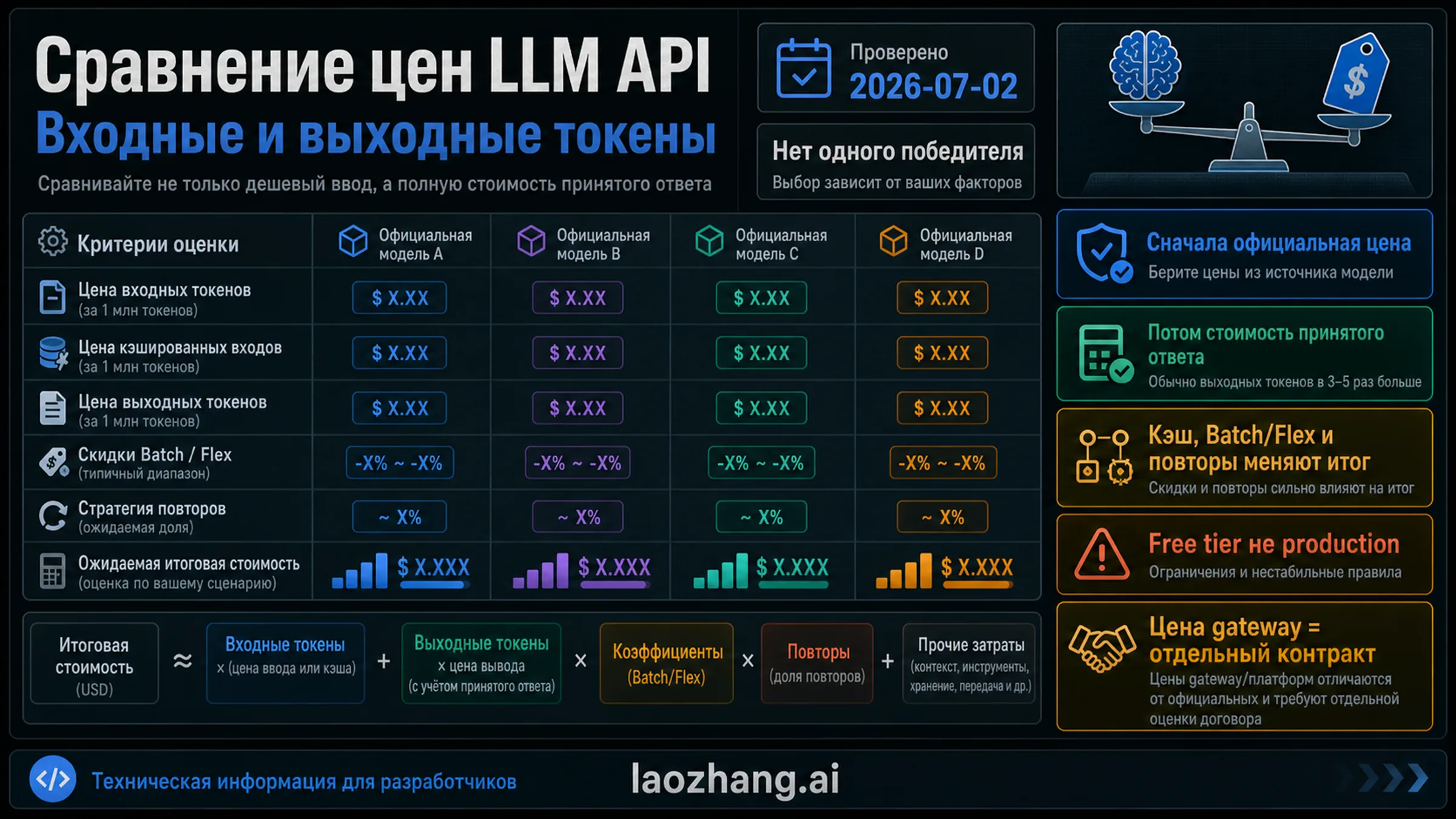 Техническая доска сравнения цен LLM API по input и output токенам, кэшу, Batch/Flex, повторам и gateway-контрактам.