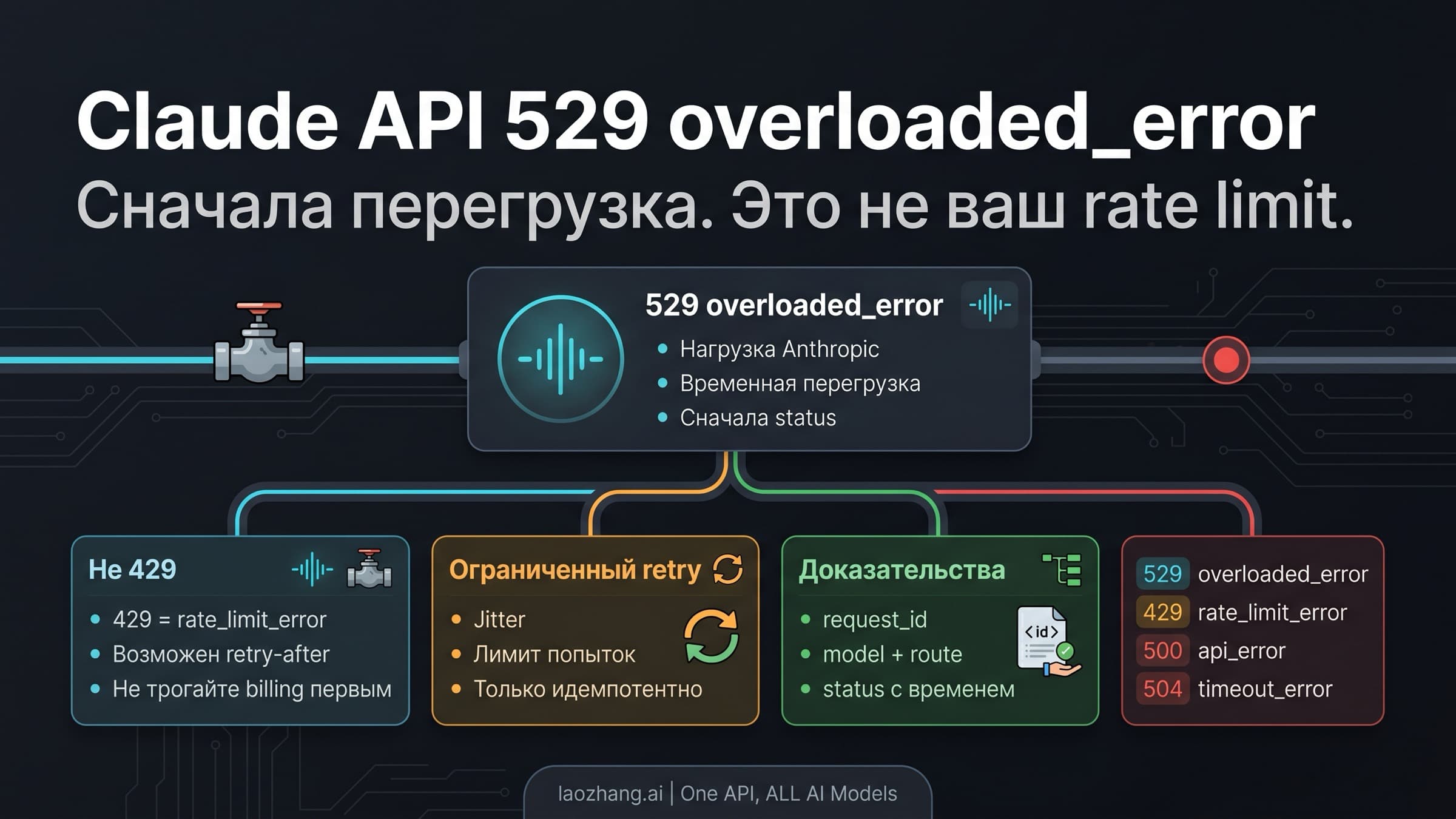 Схема восстановления Claude API 529 overloaded_error со статусом, retry-бюджетом, снижением нагрузки и request_id
