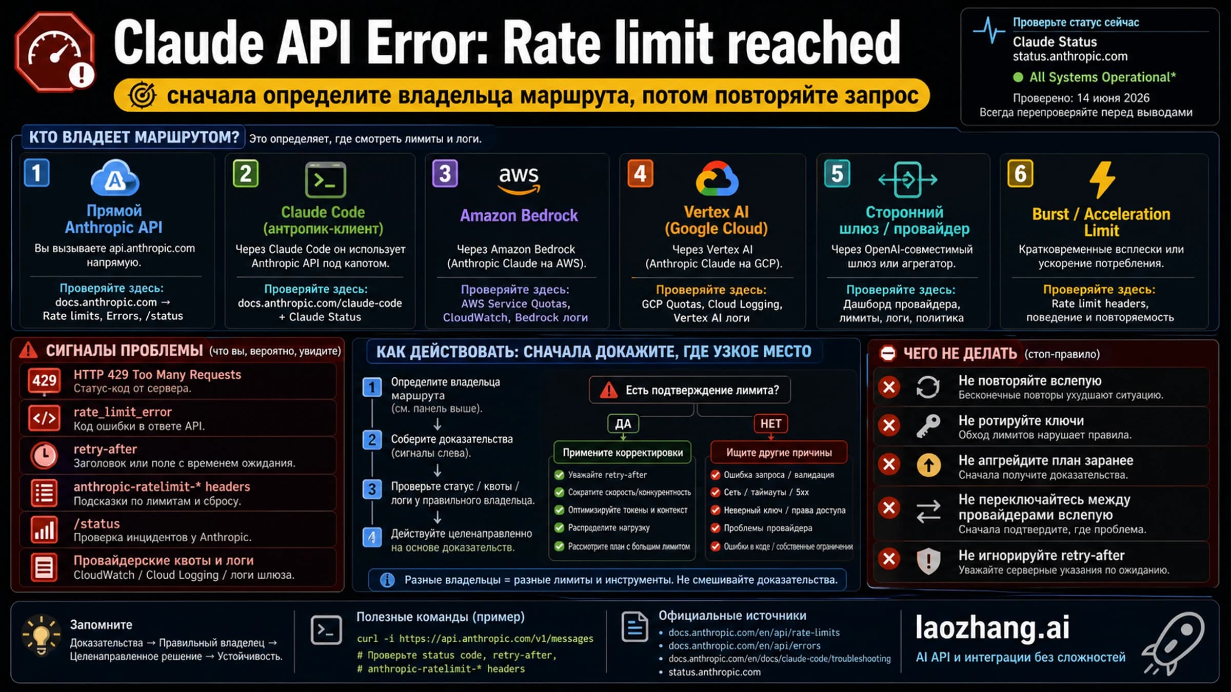 Карта владельца лимита Claude API с ветками direct API, Claude Code, provider, gateway, burst и verification.