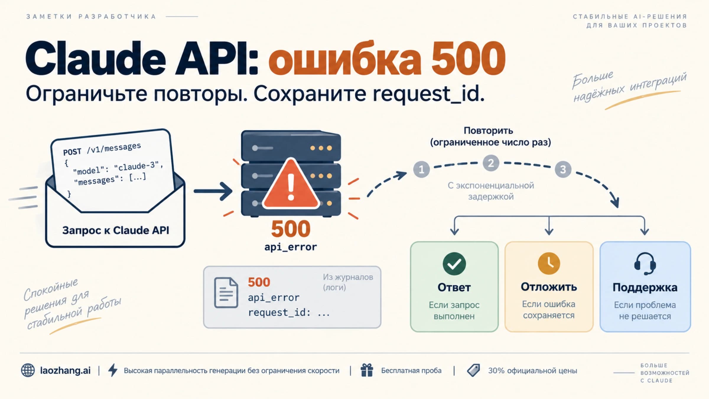 Обработка Claude API 500: ограниченные повторы, отложенная задача и поддержка