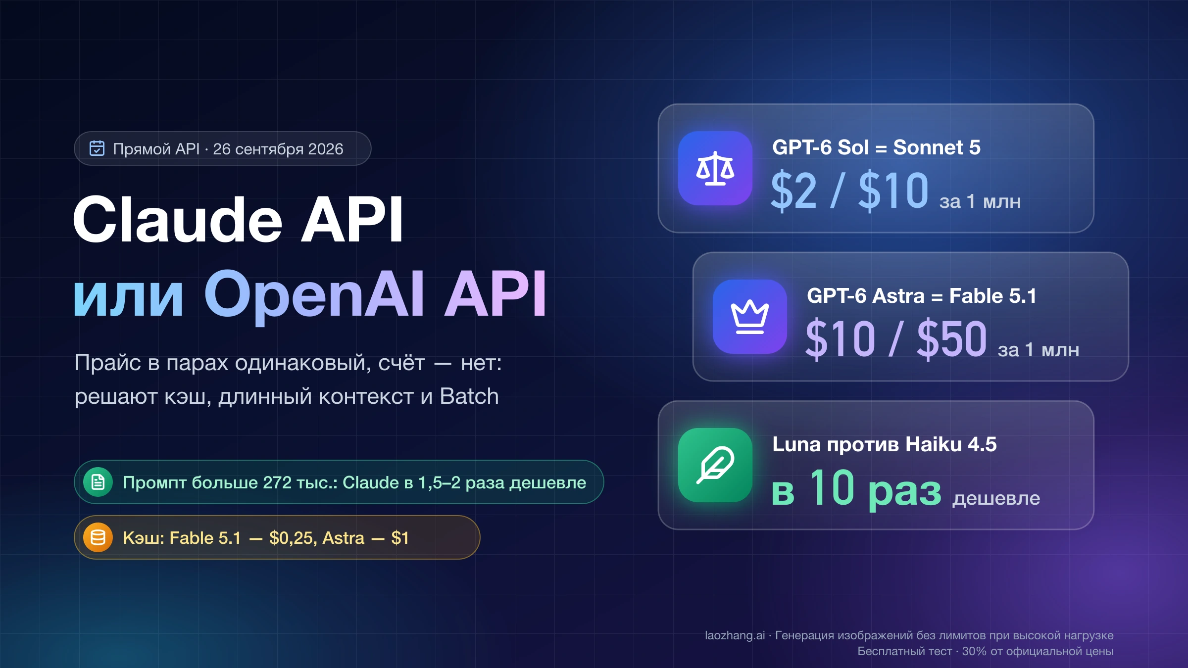 Claude API или OpenAI API: GPT-6 Sol и Sonnet 5 стоят $2 / $10, Astra и Fable 5.1 — $10 / $50 за 1 млн токенов, Luna в 10 раз дешевле Haiku 4.5