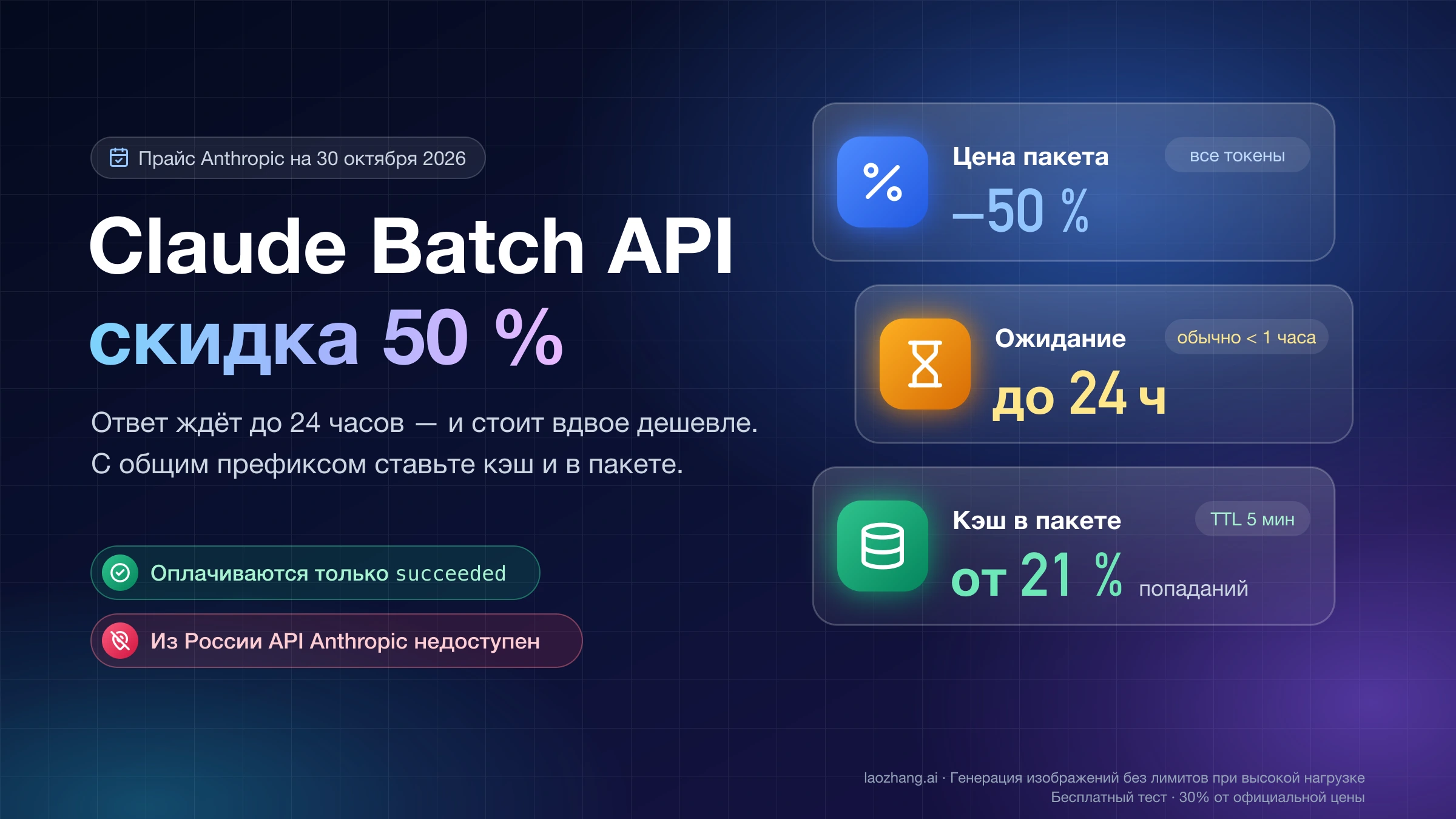 Claude Batch API со скидкой 50 %: пакет дешевле на все токены, ответ ждёт до 24 часов, кэш в пакете окупается от 21 % попаданий