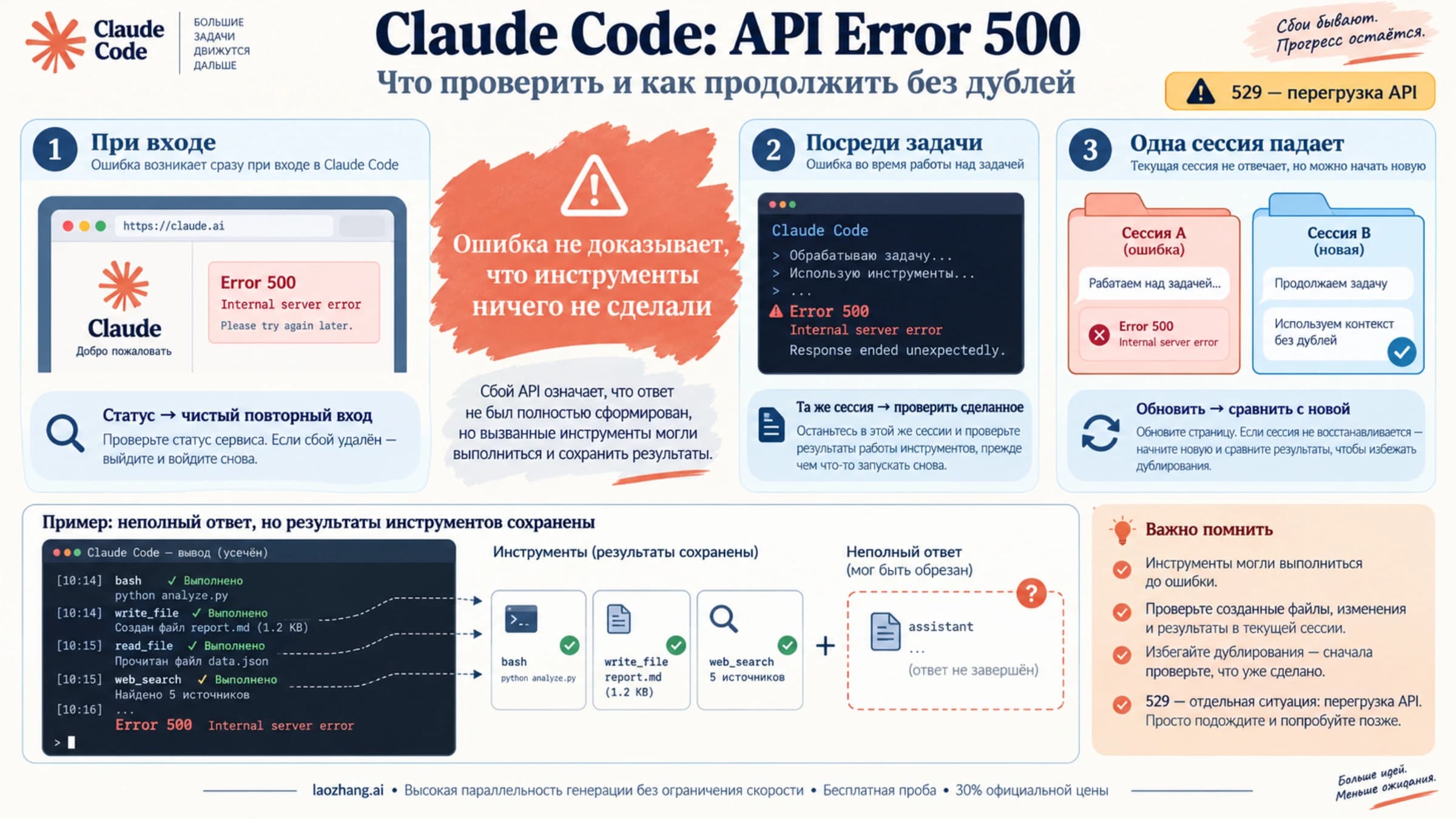 Claude Code 500: вход, прерванная задача и одна сессия требуют разных проверок