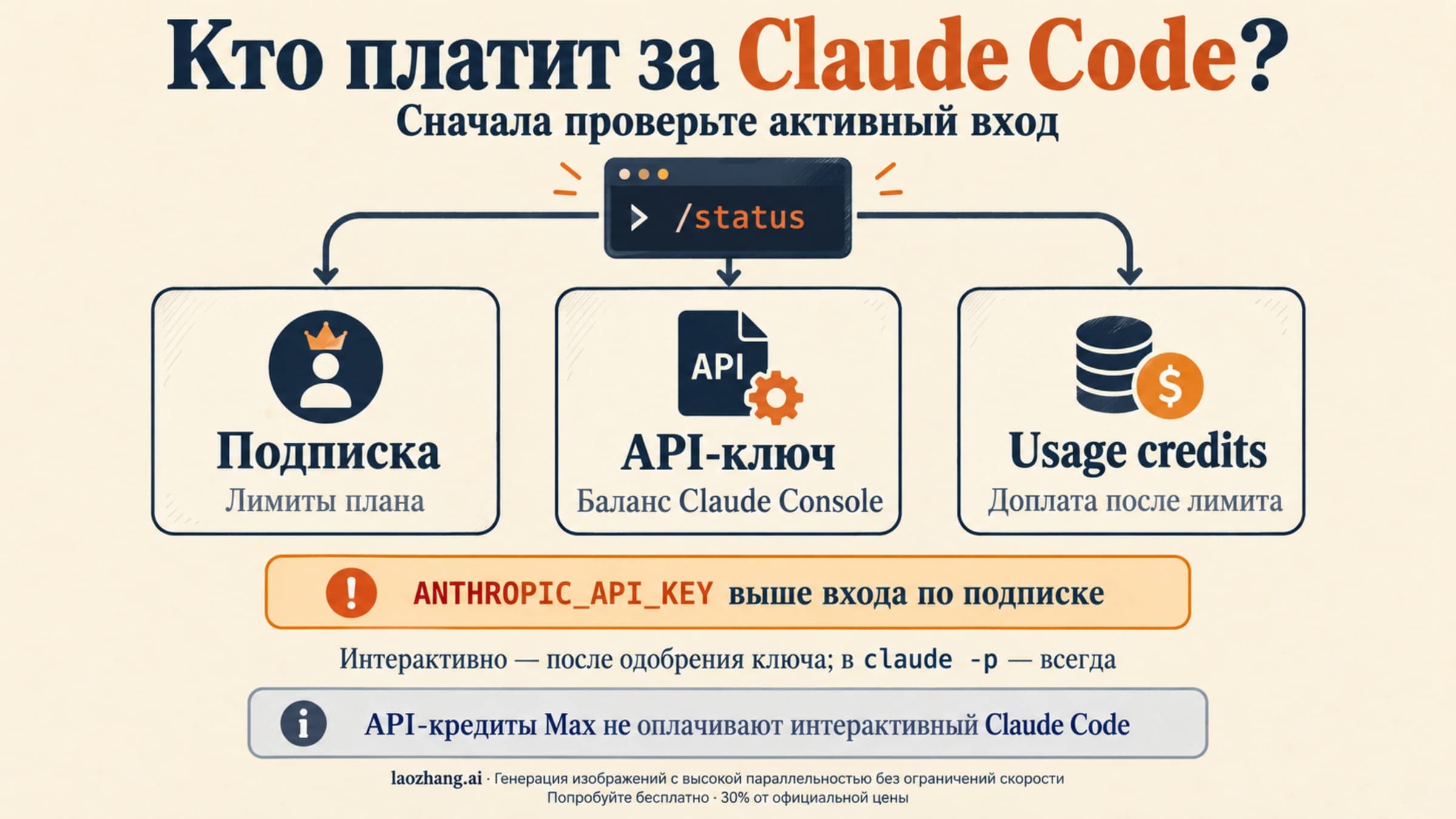 Кто оплачивает Claude Code: проверить активный вход через /status, отличить API-ключ Console от подписки и кредитов использования