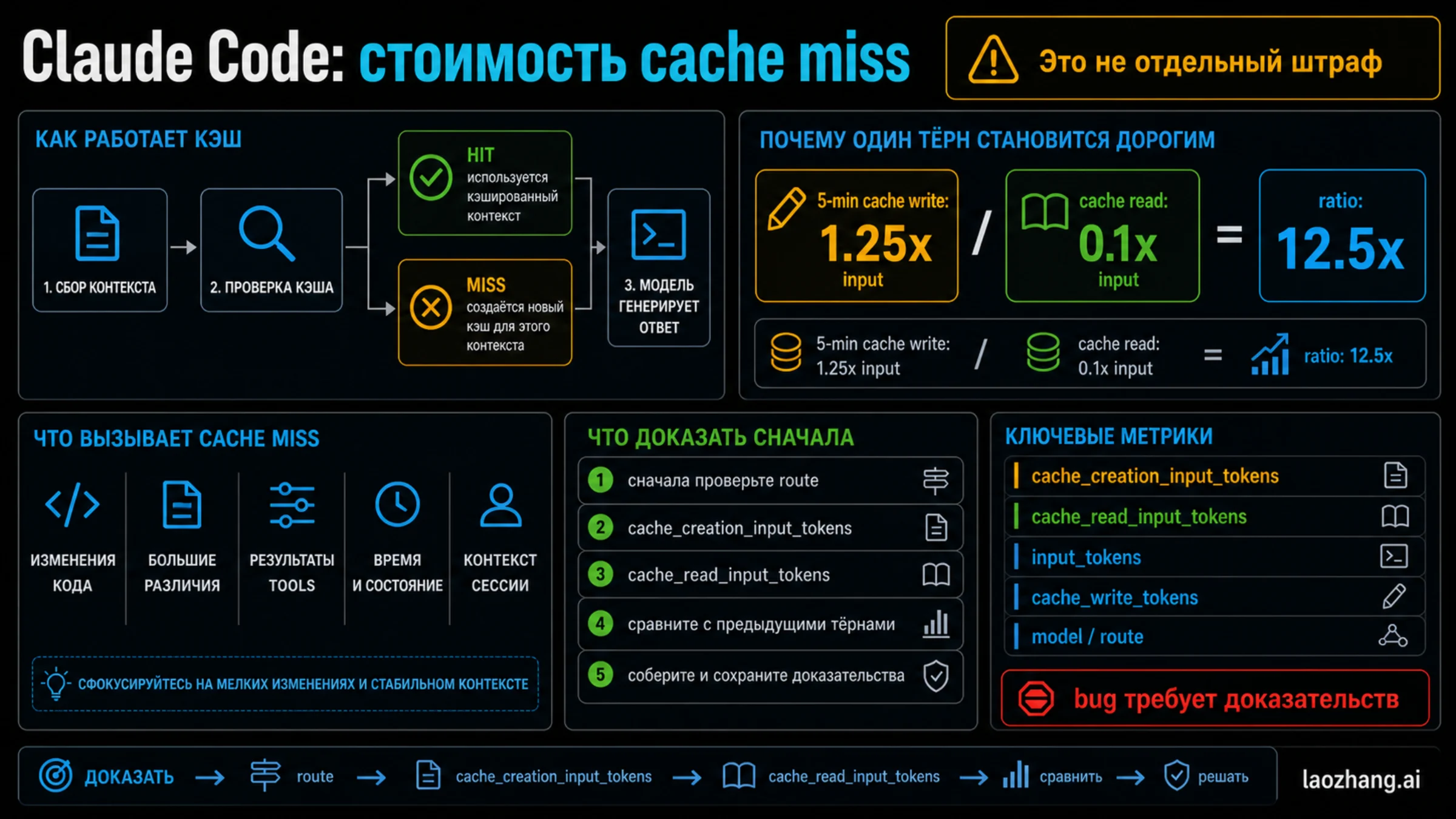 Доска Claude Code cache miss с маршрутом, write/read ratio, cache fields и stop rule