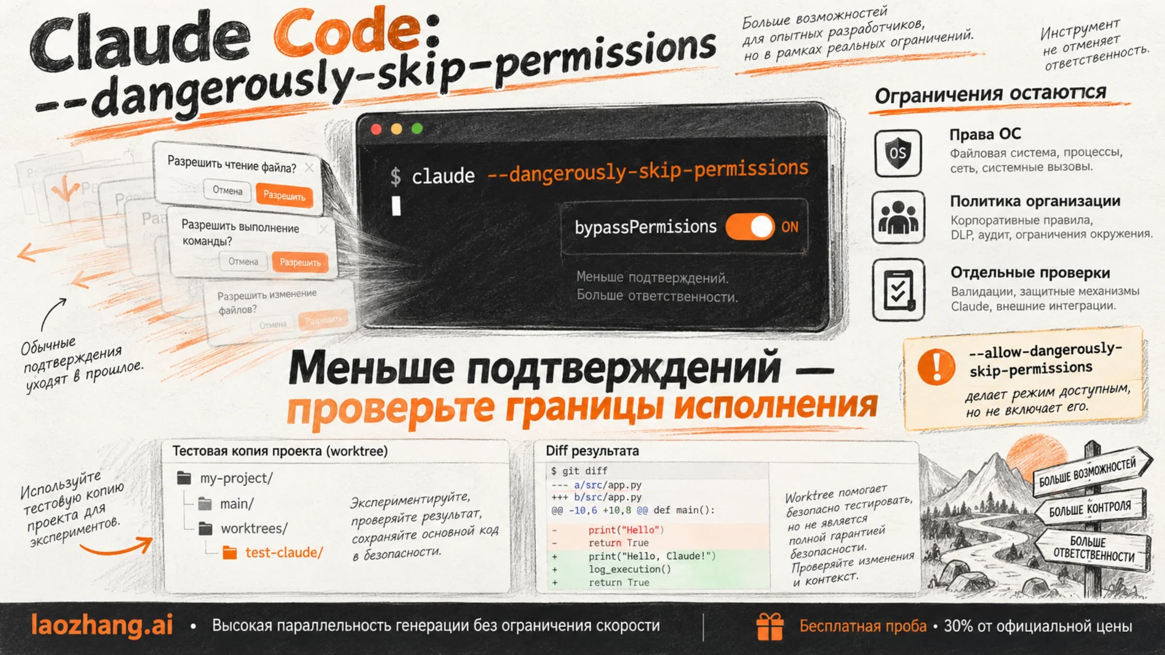 Флаг Claude Code включает bypassPermissions; права ОС и отдельные защитные проверки рассматриваются отдельно