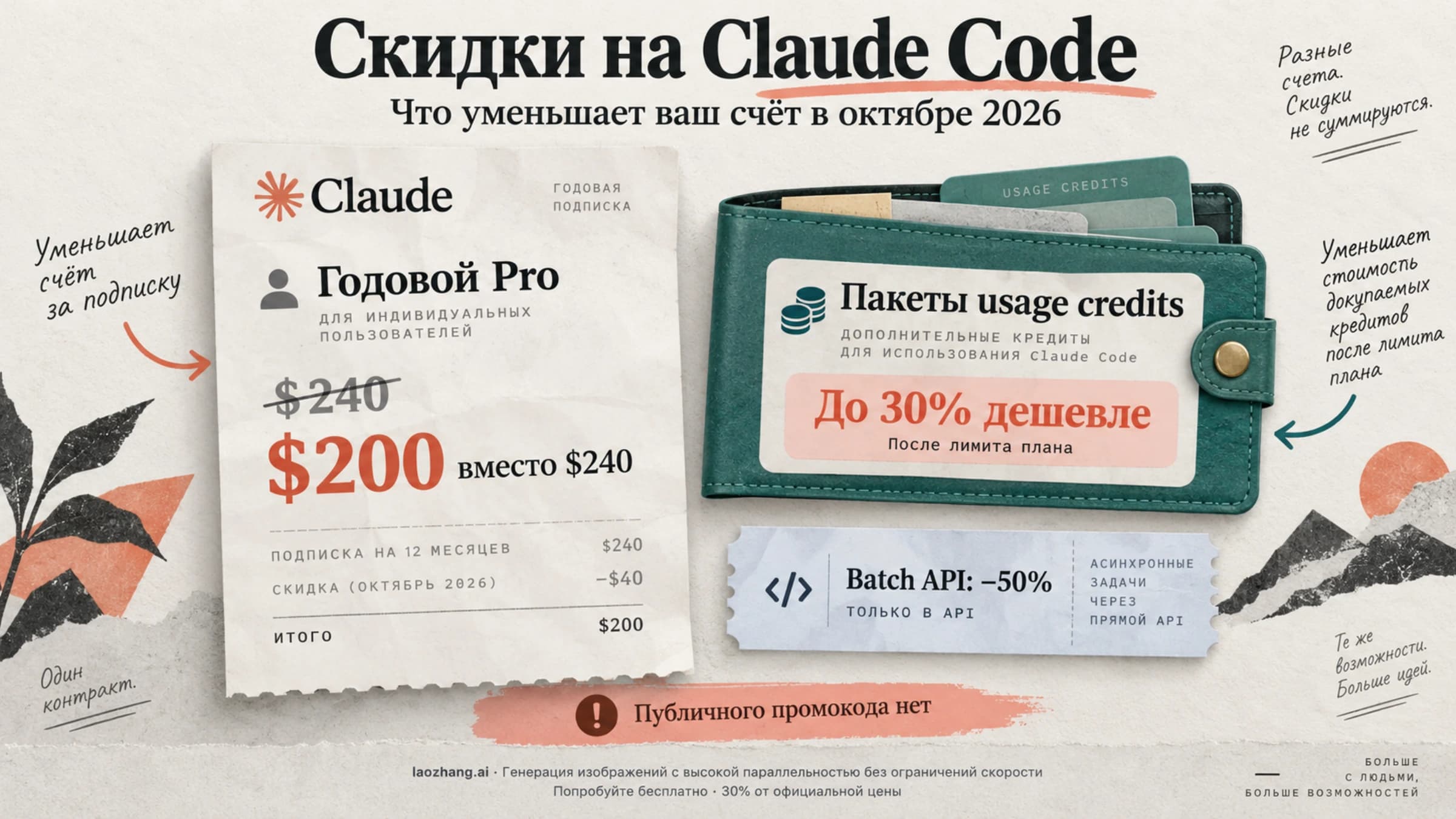 Скидки на Claude Code в октябре 2026 года: годовой Pro снижает счёт за подписку, пакеты usage credits — стоимость использования после лимита, Batch API относится только к API