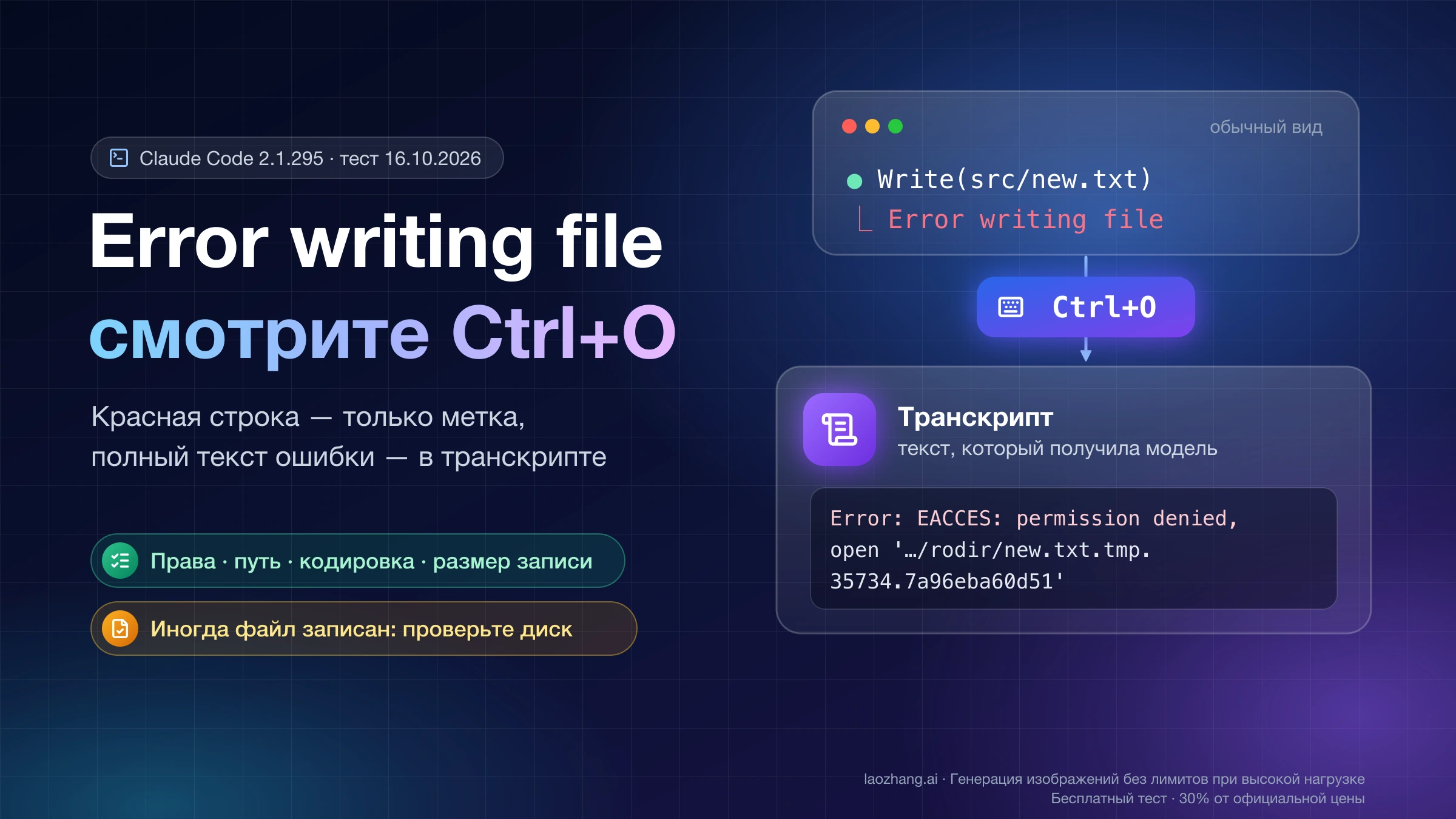 Короткая строка Error writing file под вызовом Write и полный текст ошибки EACCES в транскрипте Claude Code после Ctrl+O