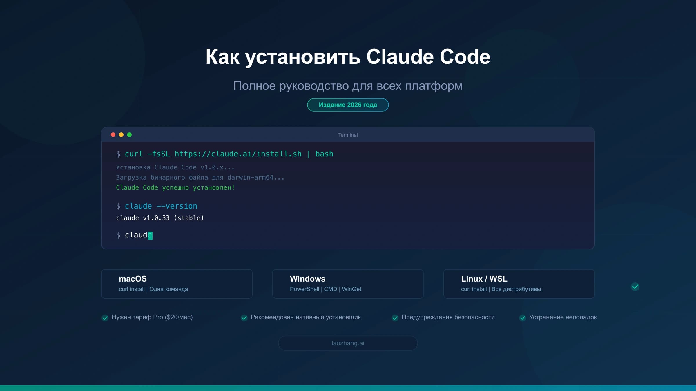 Установка Claude Code на Windows, macOS и Linux одной командой в терминале