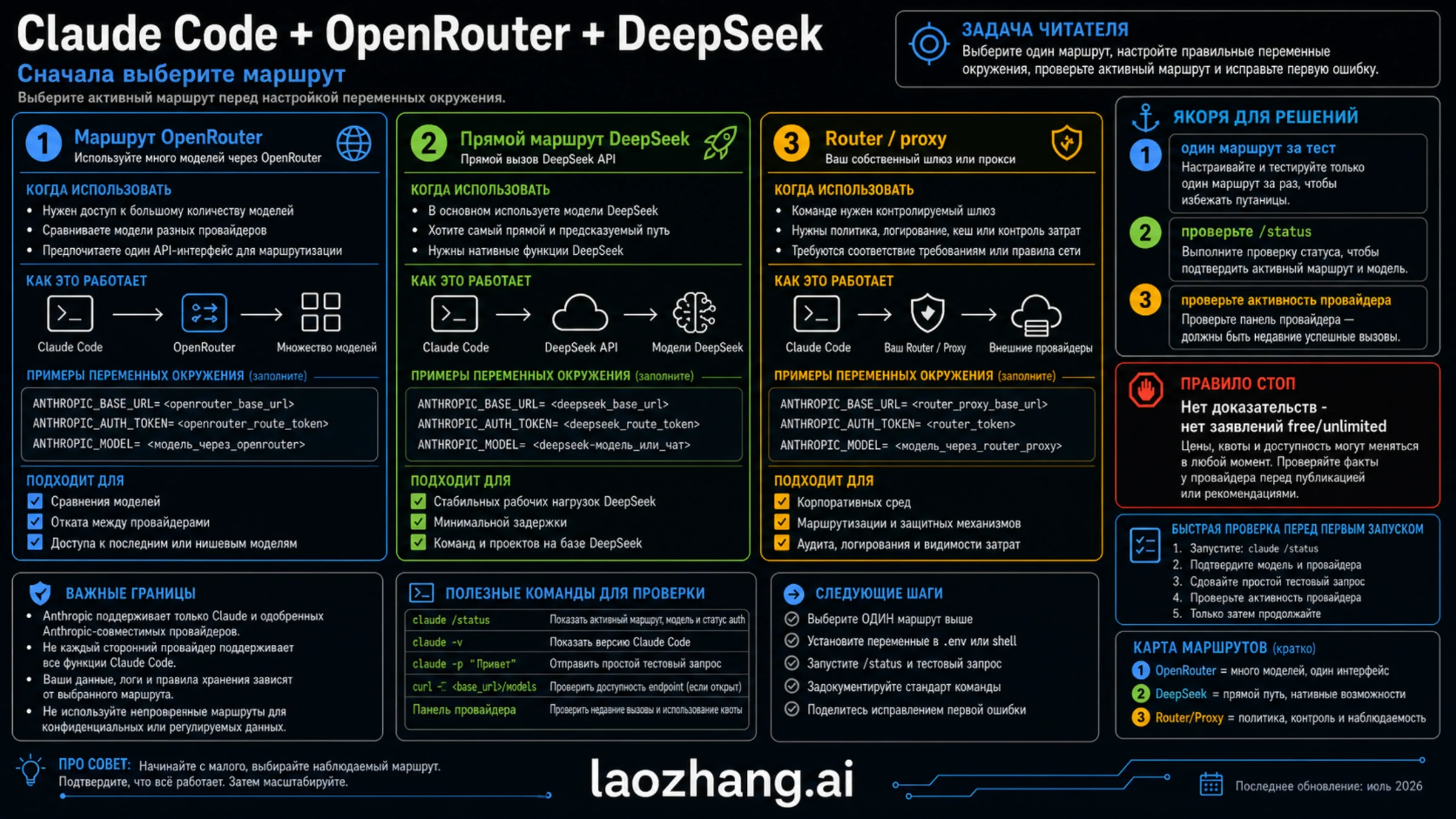 Схема подключения Claude Code через OpenRouter, напрямую к DeepSeek и через сторонний прокси